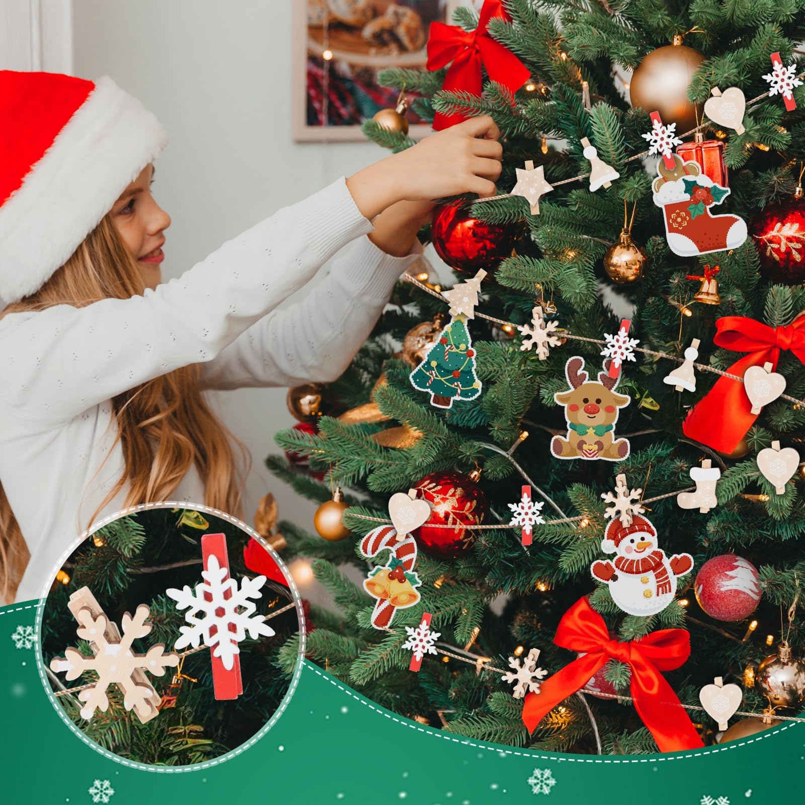 MILIAFLICK Kerst houten knijpers 100 kleine houten knijpers mini wasknijpers Kerstmis kerstboom sneeuwvlok rendier handschoenen klemmen hout Kerstmis decoratieve klemmen Kerstmis