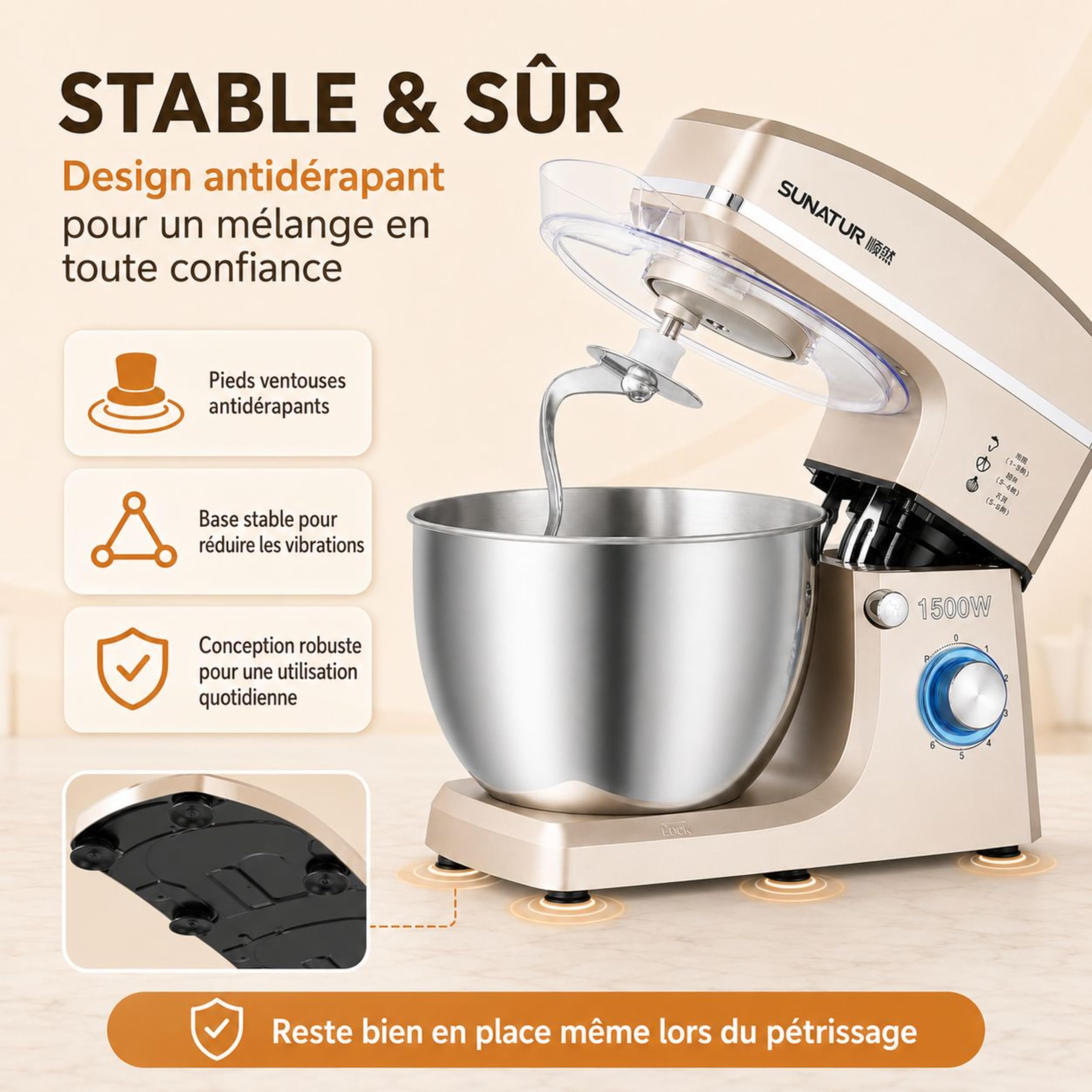 robot pâtissier, 8L, 1500W, 6 vitesses, batteur électrique de cuisine, tête de mixage inclinable et design antidérapant, bol de mixage en acier inoxydable. Livré avec 6 accessoires.