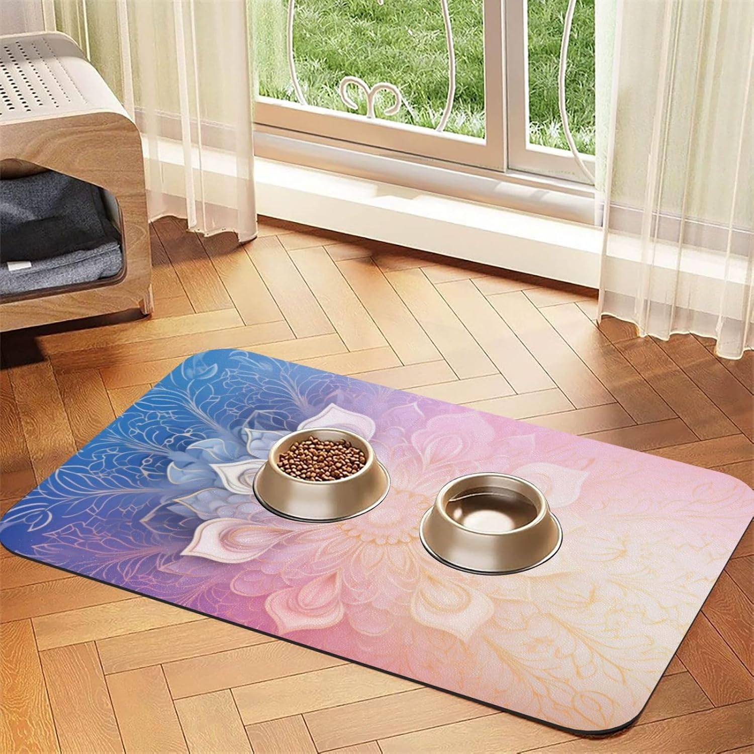 Colorful Mandala Pattern Leather Absorbent Pet Feeding Mat Non-Slip for Dogs Cats 40x60cm