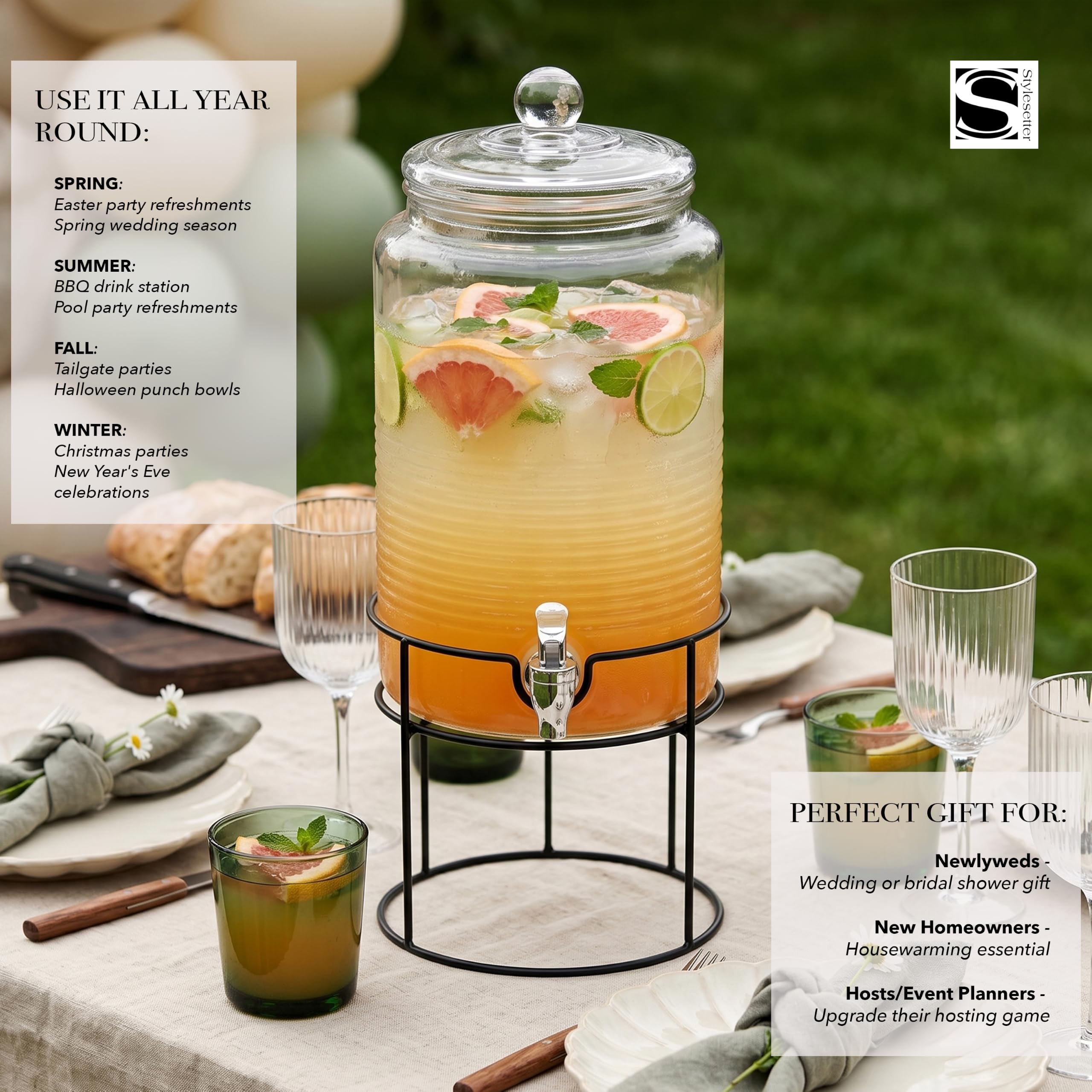 Dispensador de bebidas frías Style Setter con jarra de vidrio de 1.9 galones, tapa de vidrio y espiga acrílica a prueba de fugas, ideal para fiestas, bodas y más