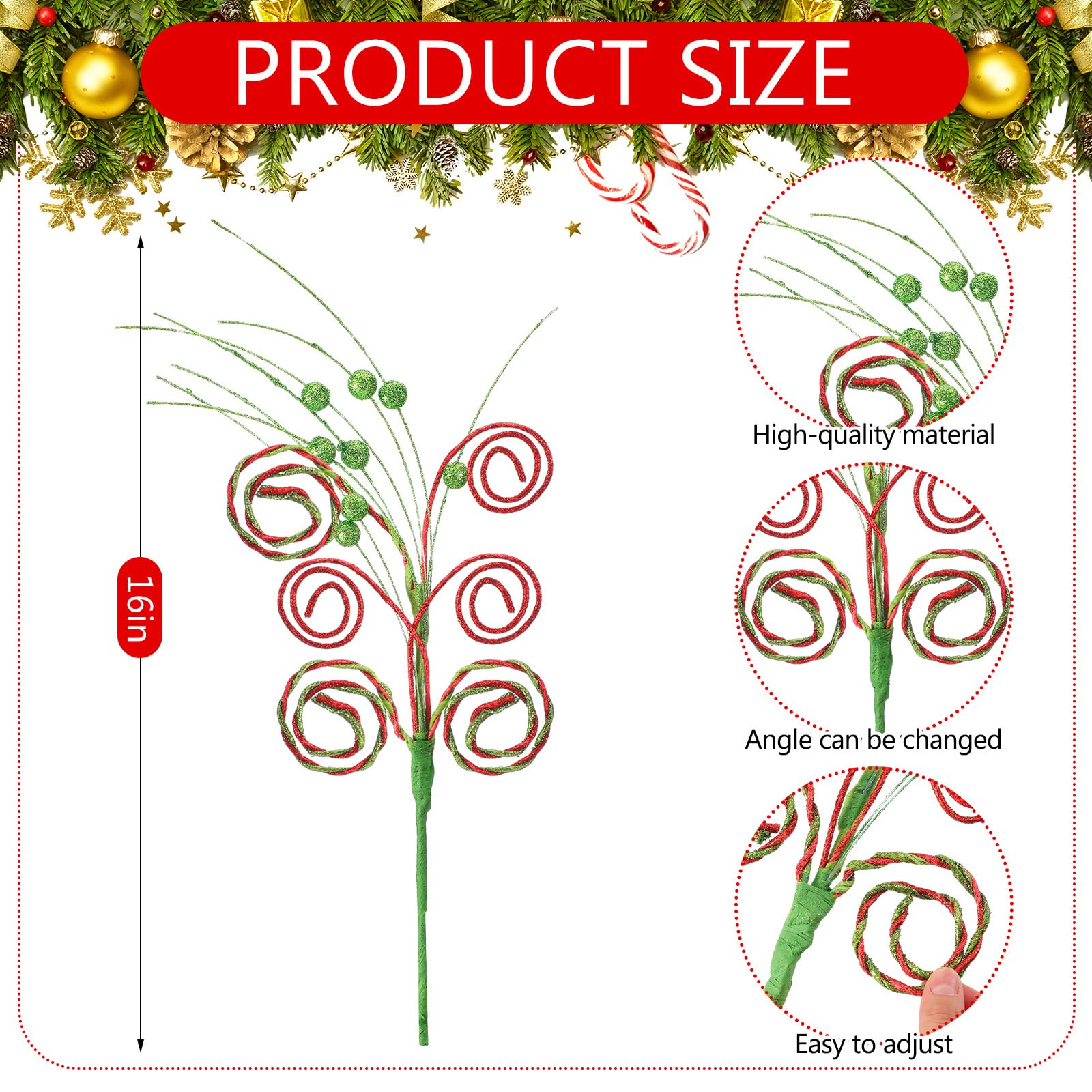 Gejoy Lot de 9 pics pour sapin de Noël - 40,6 cm - Vert citron et rouge pailleté - Décorations de bonbons artificiels pour décoration de sapin de Noël, vase, vacances (torsadé)
