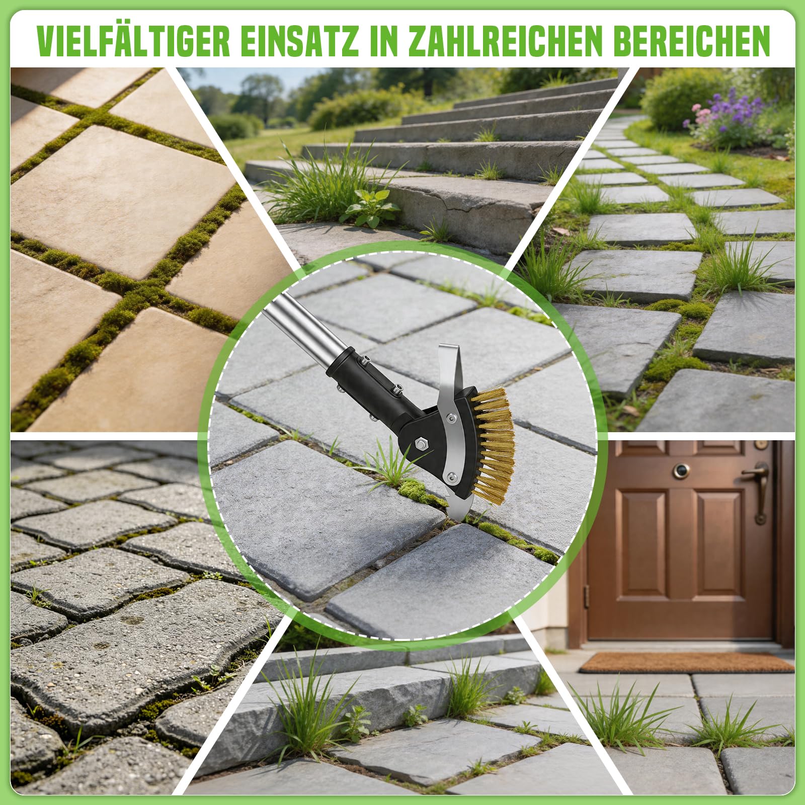 Hysagtek Garten Fugenkratzer - 3-in-1 Fugenbürste Unkraut, 150cm Verstellbarer Unkrautentferner mit Stiel, Fugenreiniger mit Moosbürste und 2 Edelstahl-Schabern Garten, für Treppen, Terrassen, Gehwege