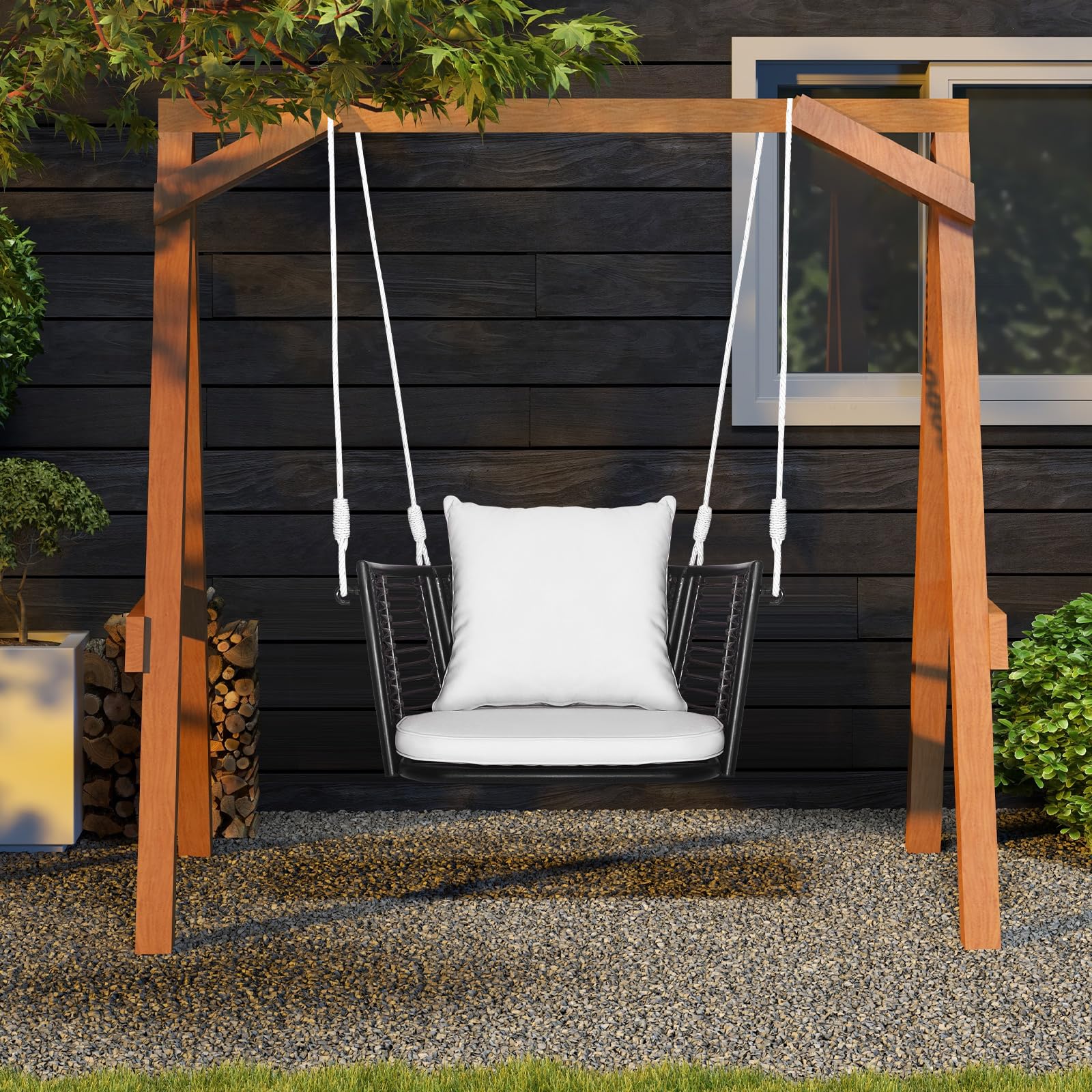 COSTWAY Altalena da Giardino in Rattan PE, con Cuscino (Bianco)