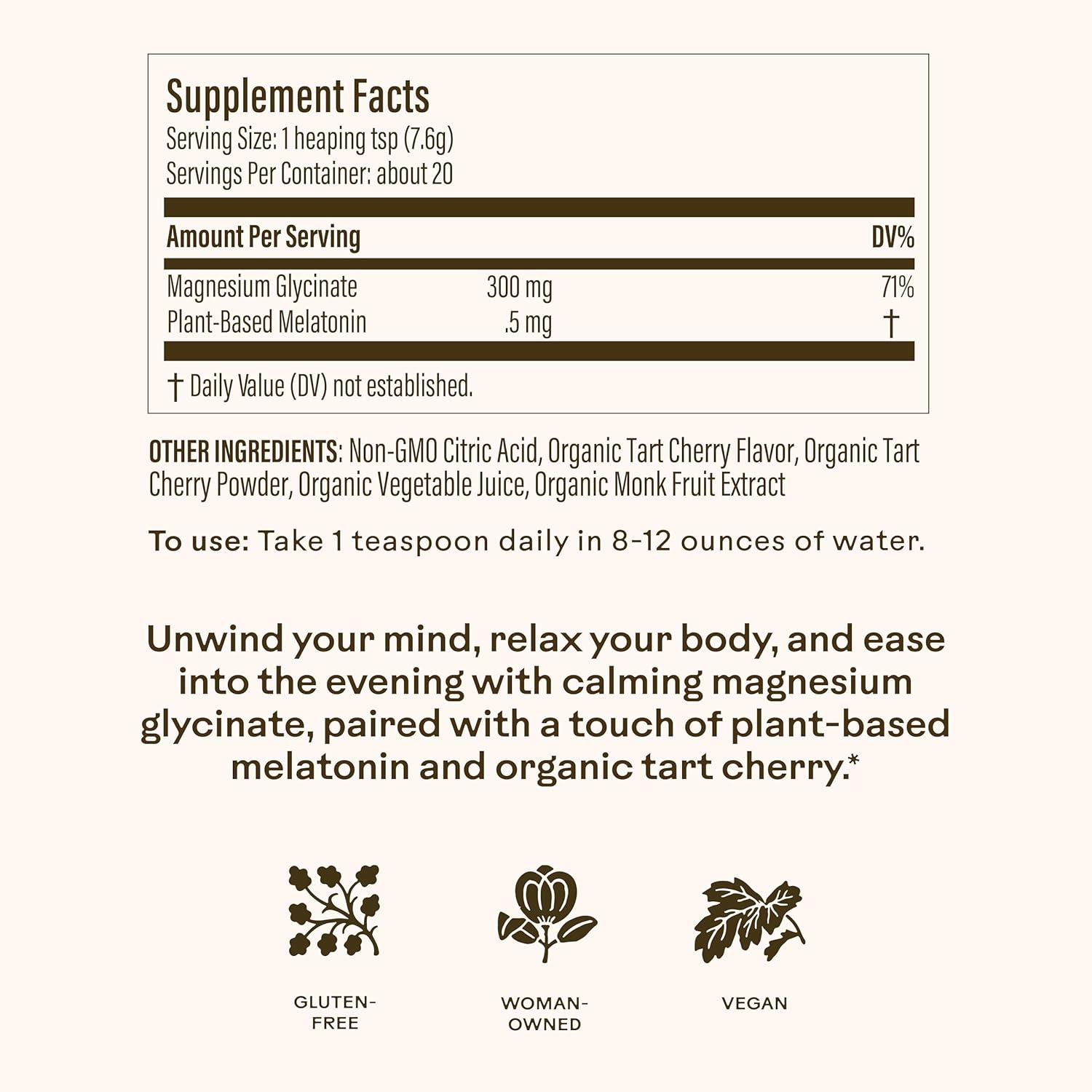 Wooden Spoon Herbs Magic Magnesium Glycinate Powder Drink Mix (Tart Cherry) | 300mg Magnesium, 0.5mg Plant-Based Melatonin | Calming Nighttime Supplement | Easy Mix Sleep Support Powder, Vegan | 3.7oz