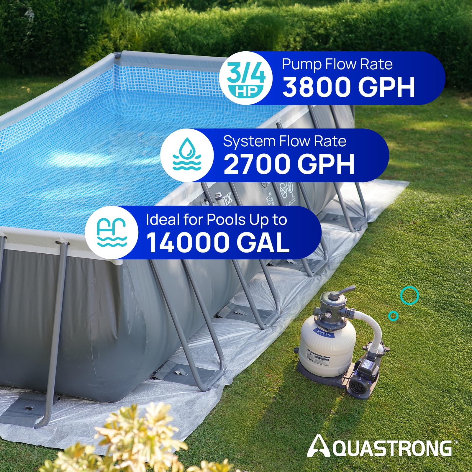 AQUASTRONG Pompa filtrante a sabbia per piscina fuori terra con timer, pompe per piscina da 3/4 HP fuori terra, 3800 GPH per piscine fino a 14000 GAL, filtro piscina da 30,5 cm con valvola a 6 vie