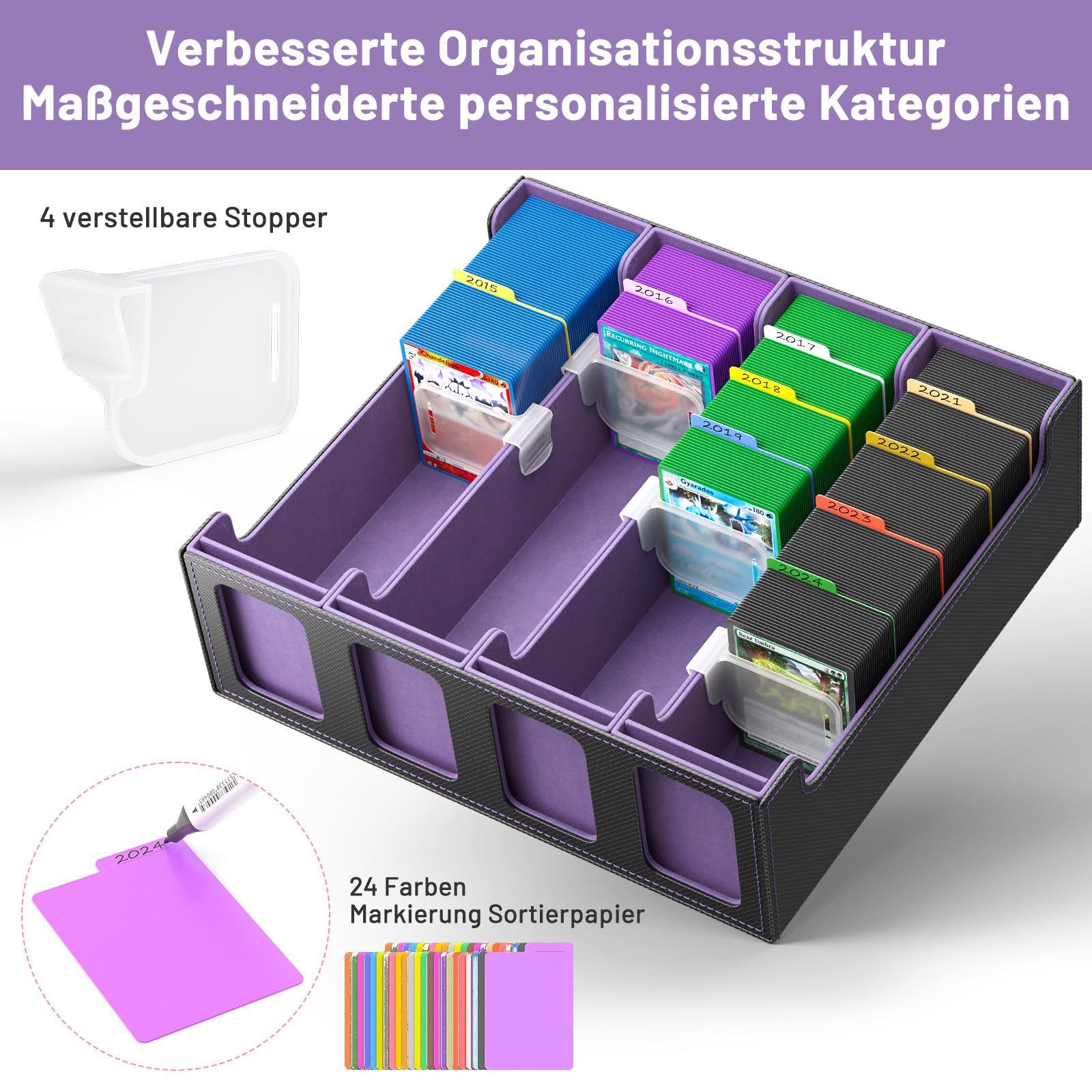 Hot Bee MTG deck box, kaartenopbergdoos voor 2400 kaarten, TCG Box, MTG Commander Deck Box, verzamelkaartenbox met 4 verstelbare kaartverdelers, paars
