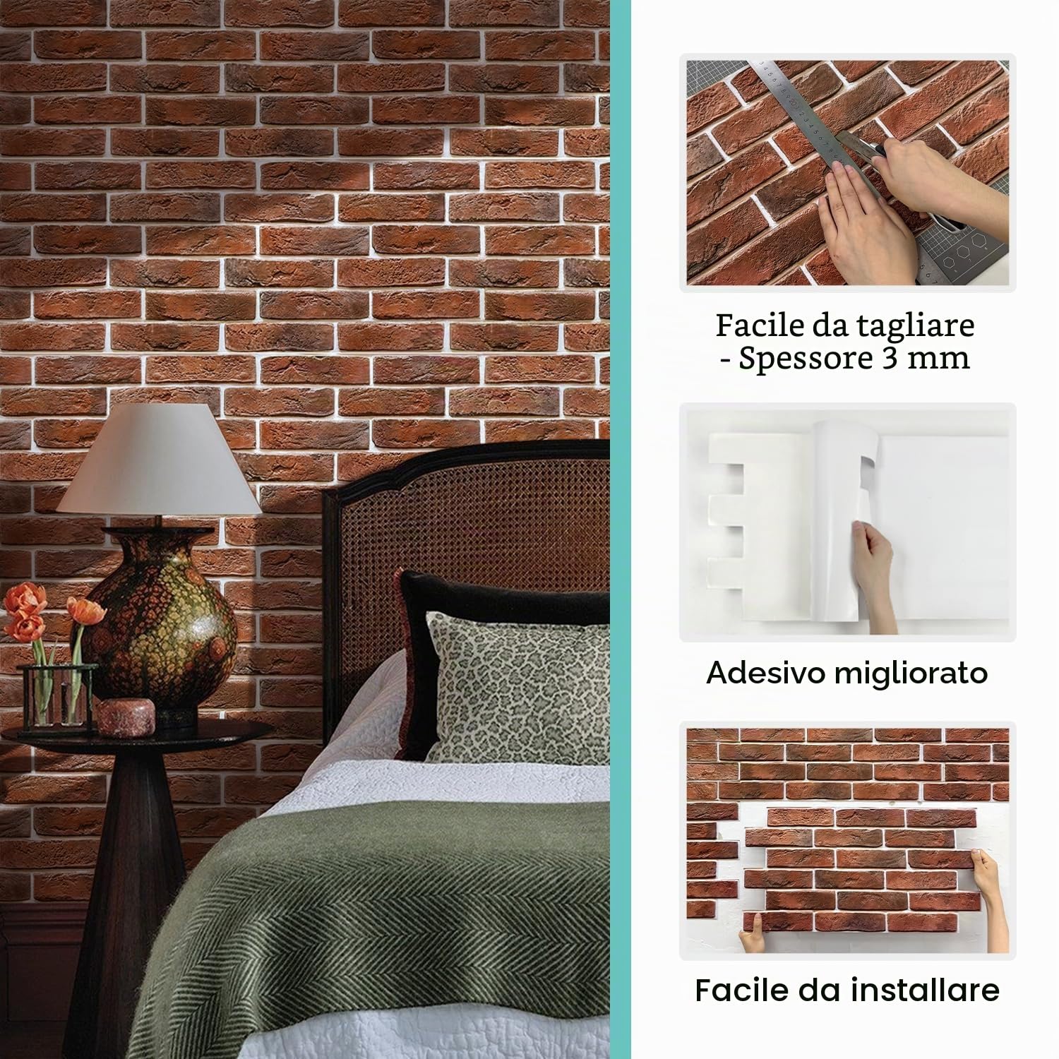 Commomy 12 Pezzi Pannelli murali 3D Adesivi Murali Mattone, 58 x 30 cm, Pannelli Decorativi per Pareti 3D Mattoni, PVC, Rivestimento Murale Finto Mattone Decorazione per Pareti Interne (2,08 m²)