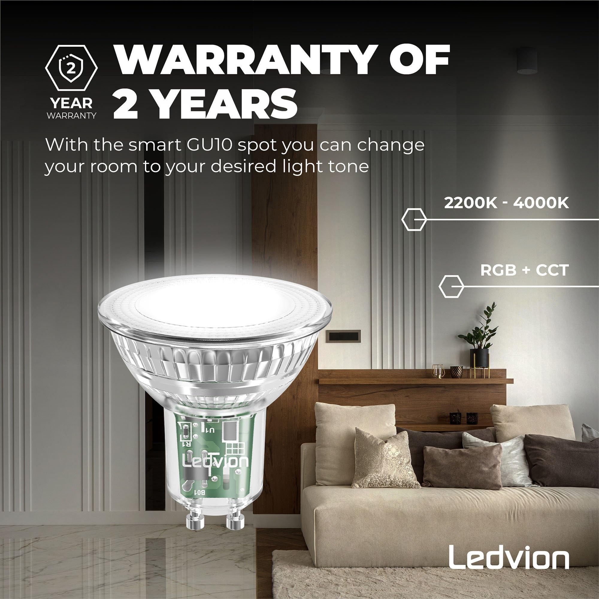 Ledvion - 10x Smart RGB+CCT GU10 LED Spot, 5W, 345 Lumen, Dimmbar, Wi-Fi Beleuchtung, Wi-Fi Licht, Alexa & Google Home