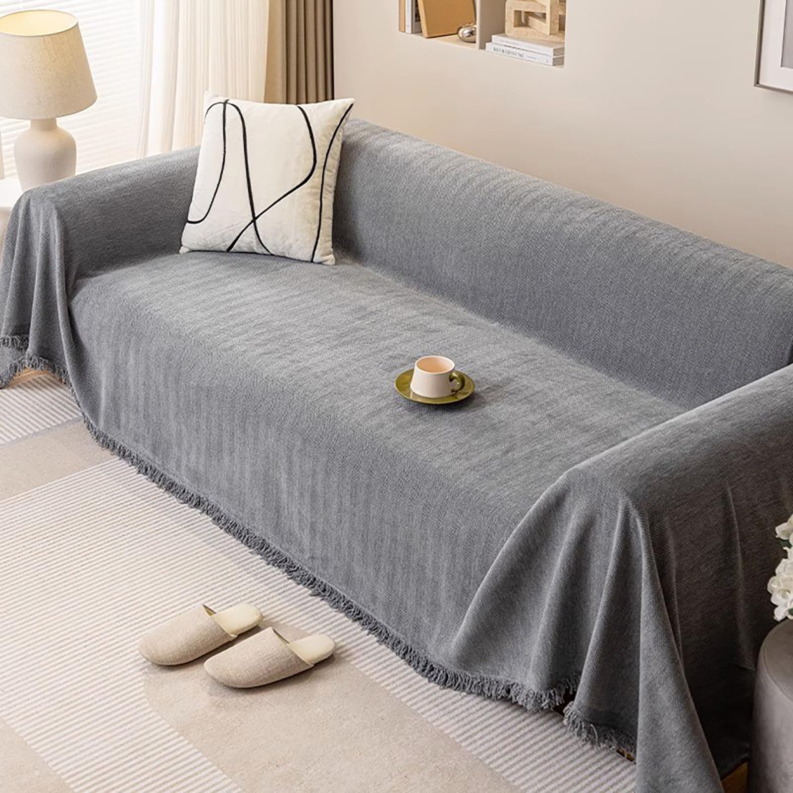 UIHECTA Sofa Throws, Reversible Extra Large Throws, Versatile Woven Soft Throw Blanket, with Tassels, for Settees Couch Sofa Bed Armchair,Grey,180 * 230cm