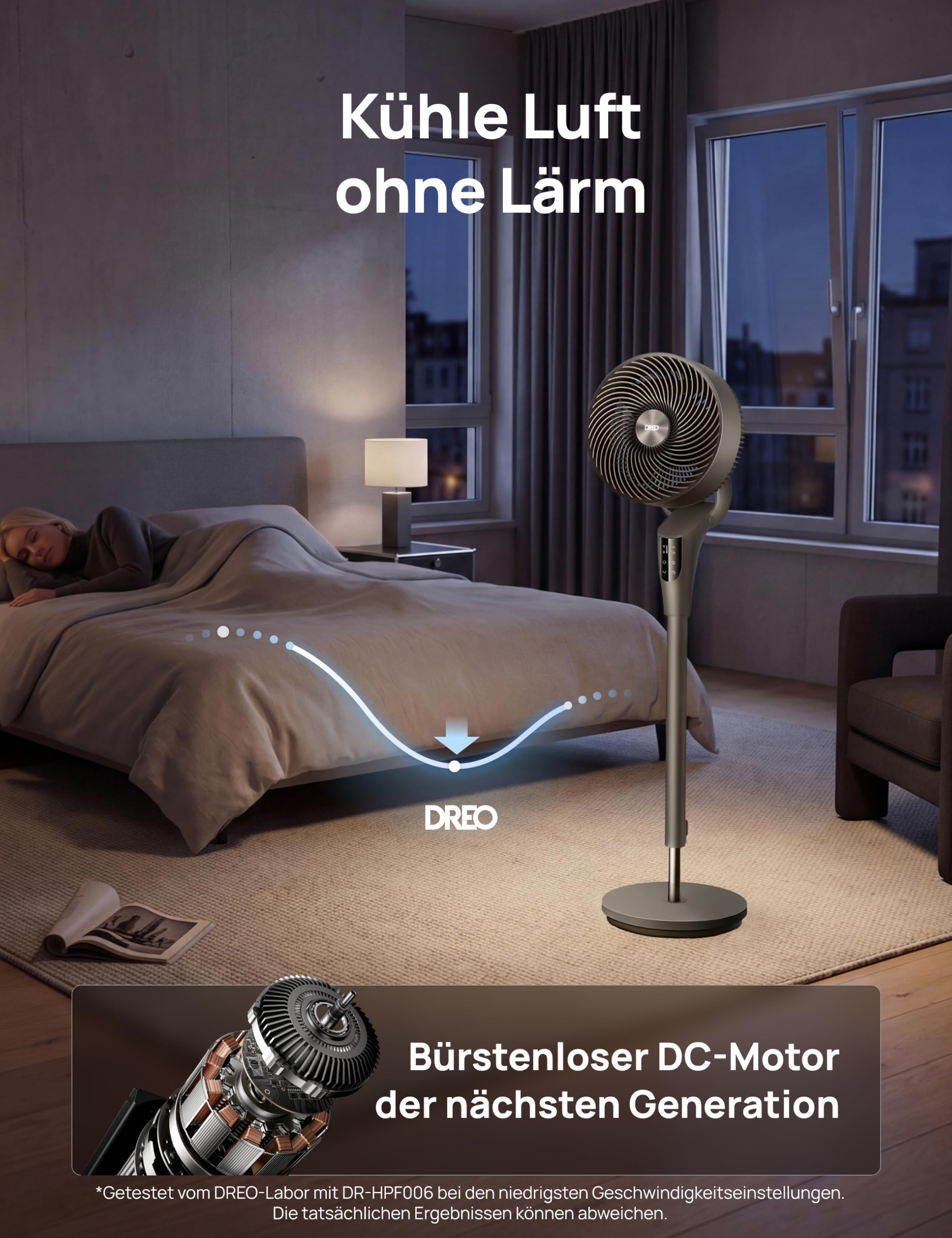 DREO Leiser Standventilator für Schlafzimmer [Verbessert], 27m Luftstrom, Leise, 90° Oszillierend, DC-Motor, 8 Geschwindigkeiten, 3 Modi, 96–106cm Höhenverstellbar, 8H Timer, 105° Manuell Neigbar