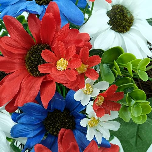 Miniatura 5 de YULETIME Estaca de cruz de jardín roja, blanca y azul, funciona con energía solar con luces de hadas, cruz de metal, ratán natural, margaritas rojas