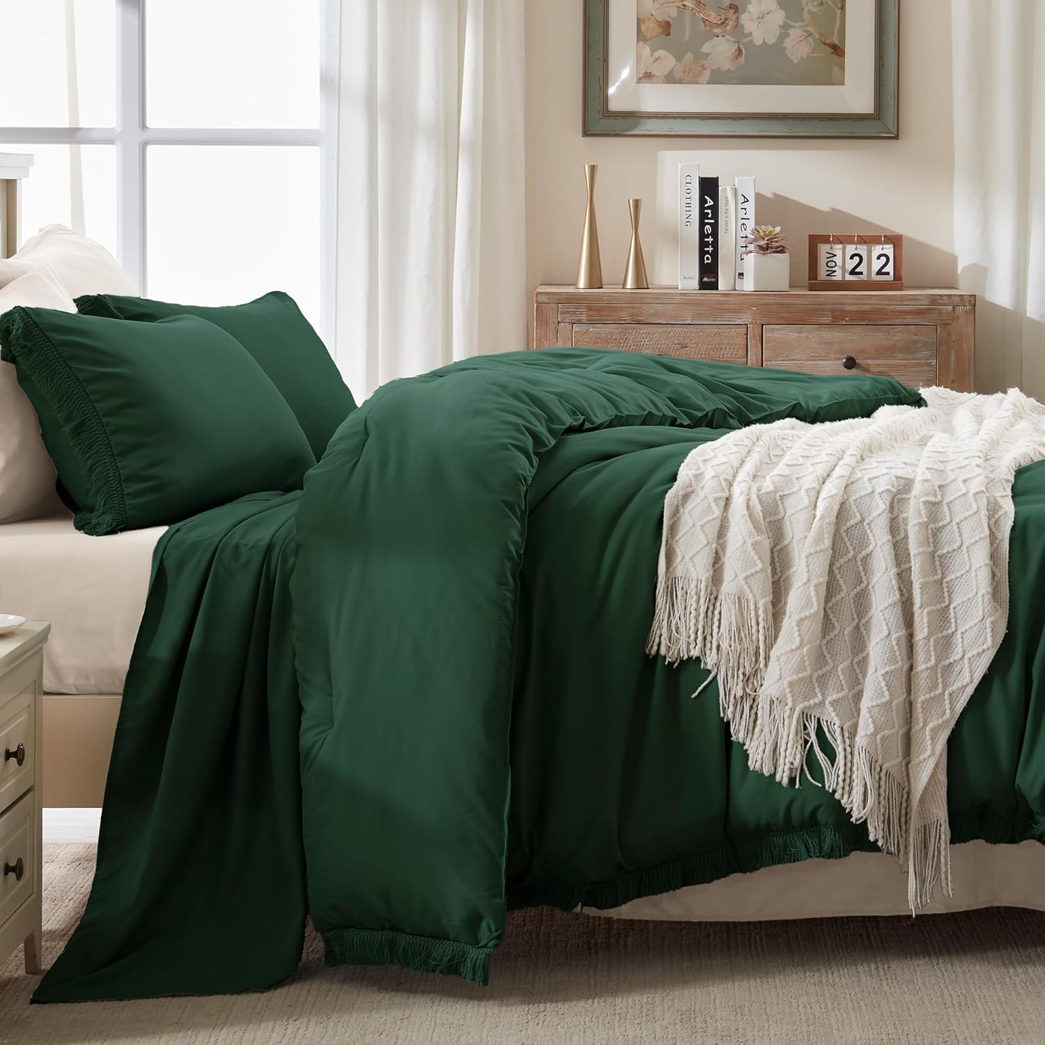 andency dark emerald green comforter set california king, cal king boho lightweight bedding comforter sets, 3 pieces oversized all season soft tassel bed set (104x96in comforter & 2 pillowcases) 04 - emerald green california king (104"x96")