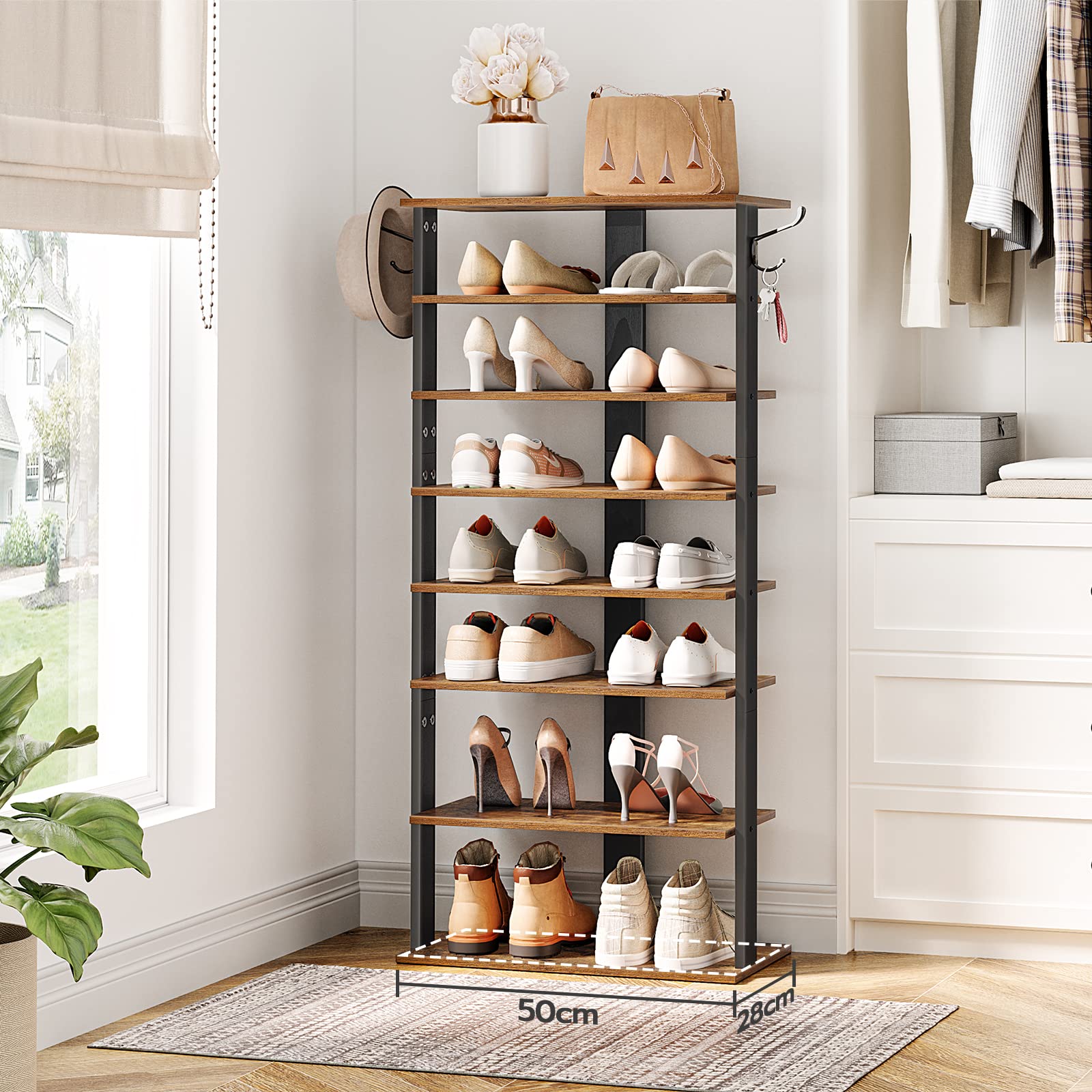 HOOBRO 8-lagiges Schuhregal, schmales Schuhablage, 50 cm Schuhschrank mit 2 Haken, Ablagegestelle, platzsparend, Stabil, für Eingang, Wohnzimmer, Schlafzimmer EBF750XJ01