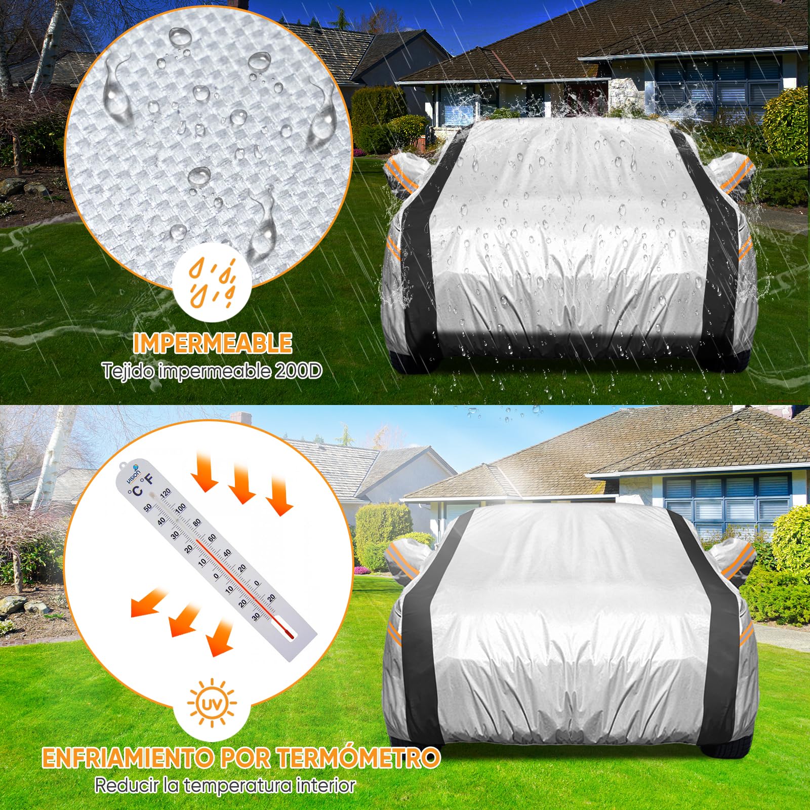 NEVERLAND Funda Coche SUV XL Impermeabile 2500PA - Cubierta Exterior 210D Oxford Plata Reflectante Solar Negro Antigranizo con Tiras Naranjas Alta Visibilidad para BMW X5 Mercedes GLE, Audi Q7|510cm