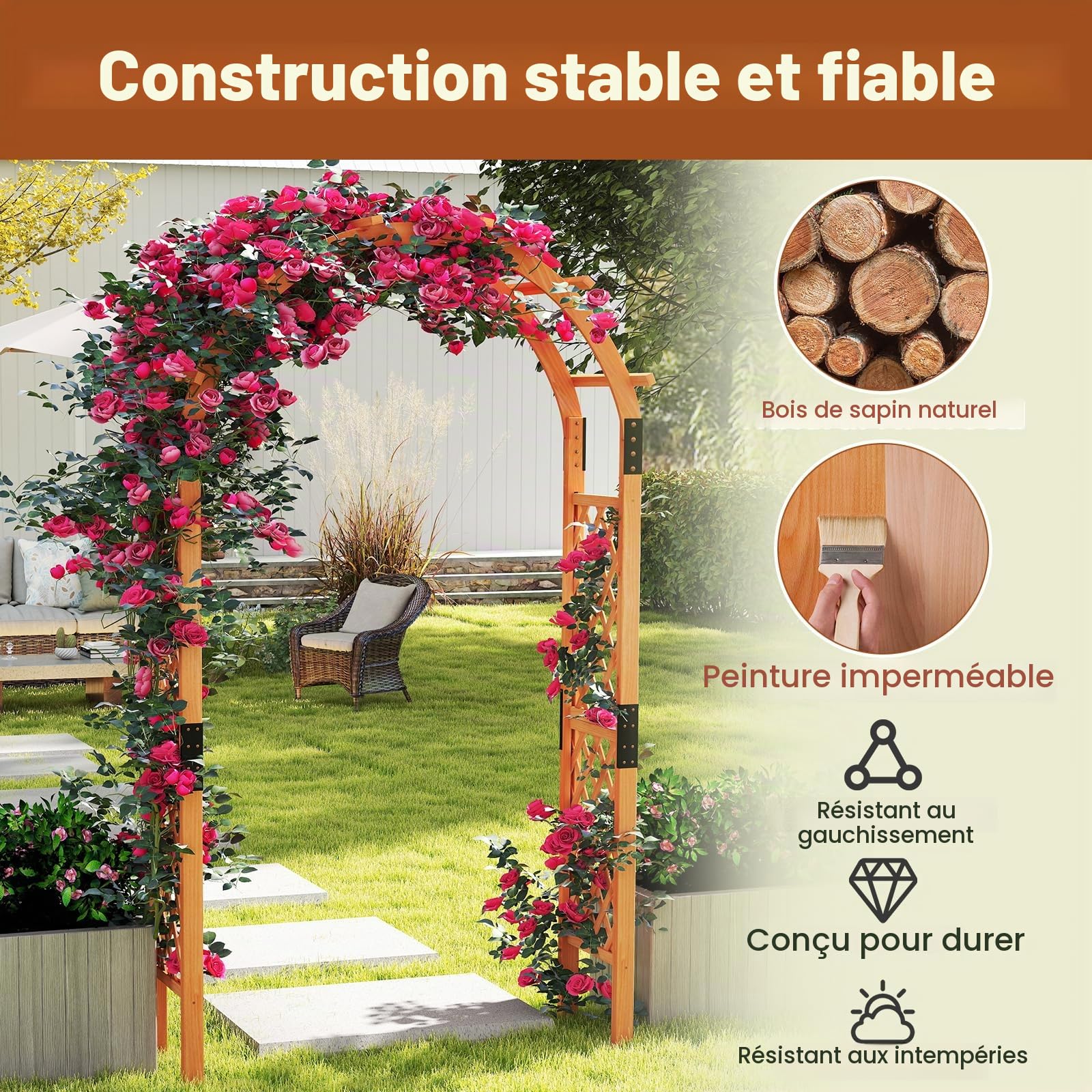 RELAX4LIFE 2,3M Arche de Jardin en Bois avec Treillis pour Plantes Grimpantes & Rosiers & Vignes, Pergola d'escalade pour Décoration Pelouse Arrière-Cour, 160 x 60 x 217cm (132x45.5x235cm)