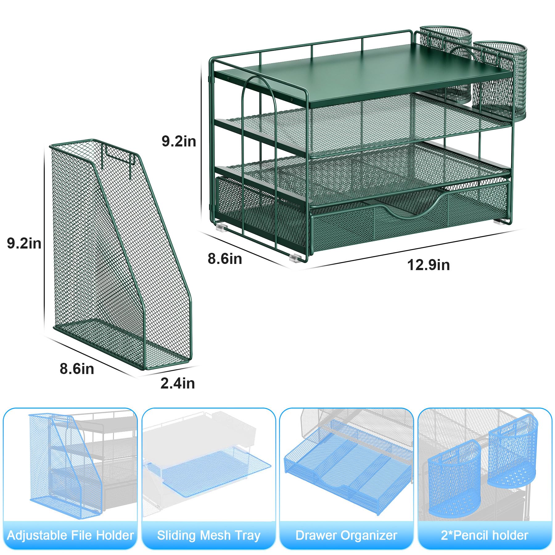 gianotter Desk Organizers and Accessories with File Holder, 4-Tier Desk Accessories & Workspace Organizers with Drawer and 2 Pen Holder, Desk Reference Organizer (Green, 4T with Metal Drawer) view 5