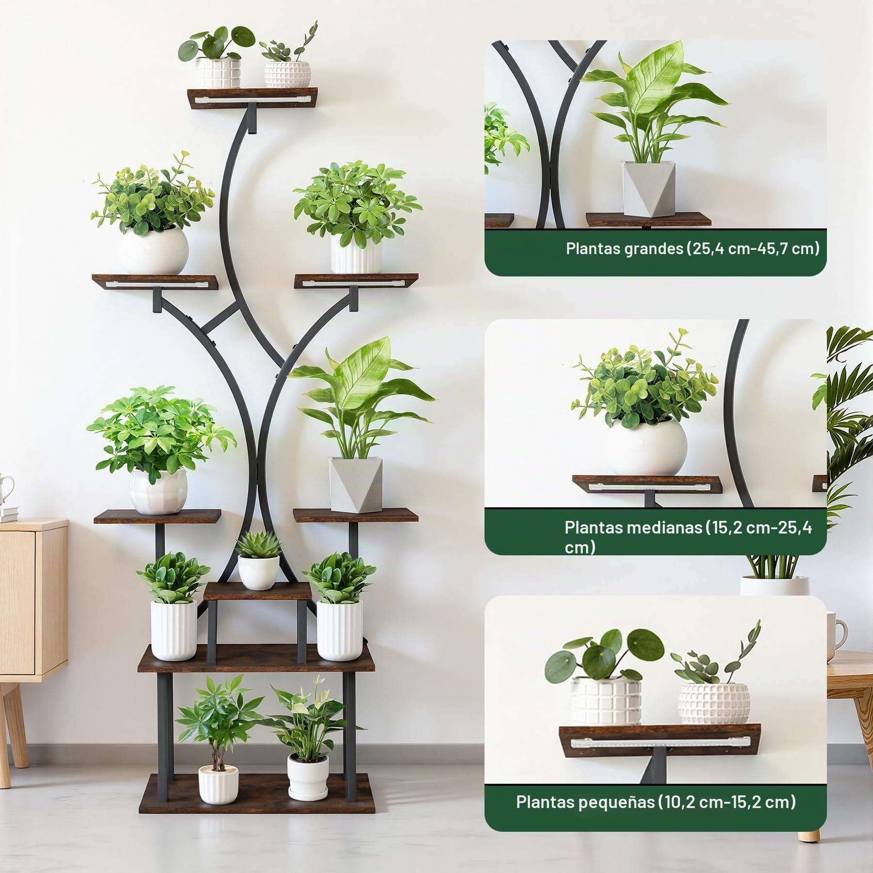 Soporte Plantas Interior con Luz de Crecimiento, 162 cm de Alto, Estanteria Plantas 8 Niveles, Soporte para Planta Madera & Metal para Salón, Terraza, Jardín, Balcón, Decoración Del Hogar
