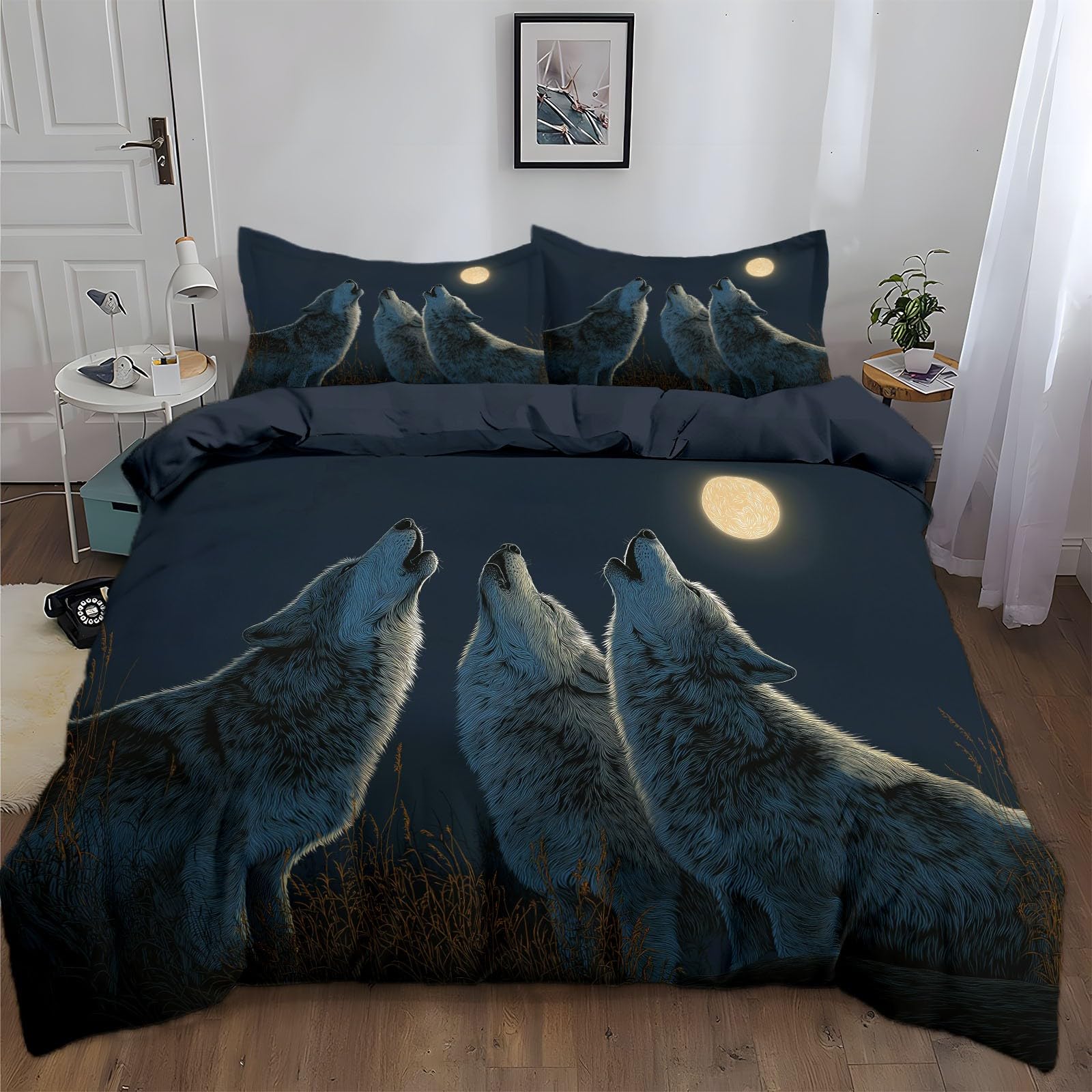 Parure de lit 2 personnes loup noir 240x260 cm housse de couette taies d'oreiller microfibre