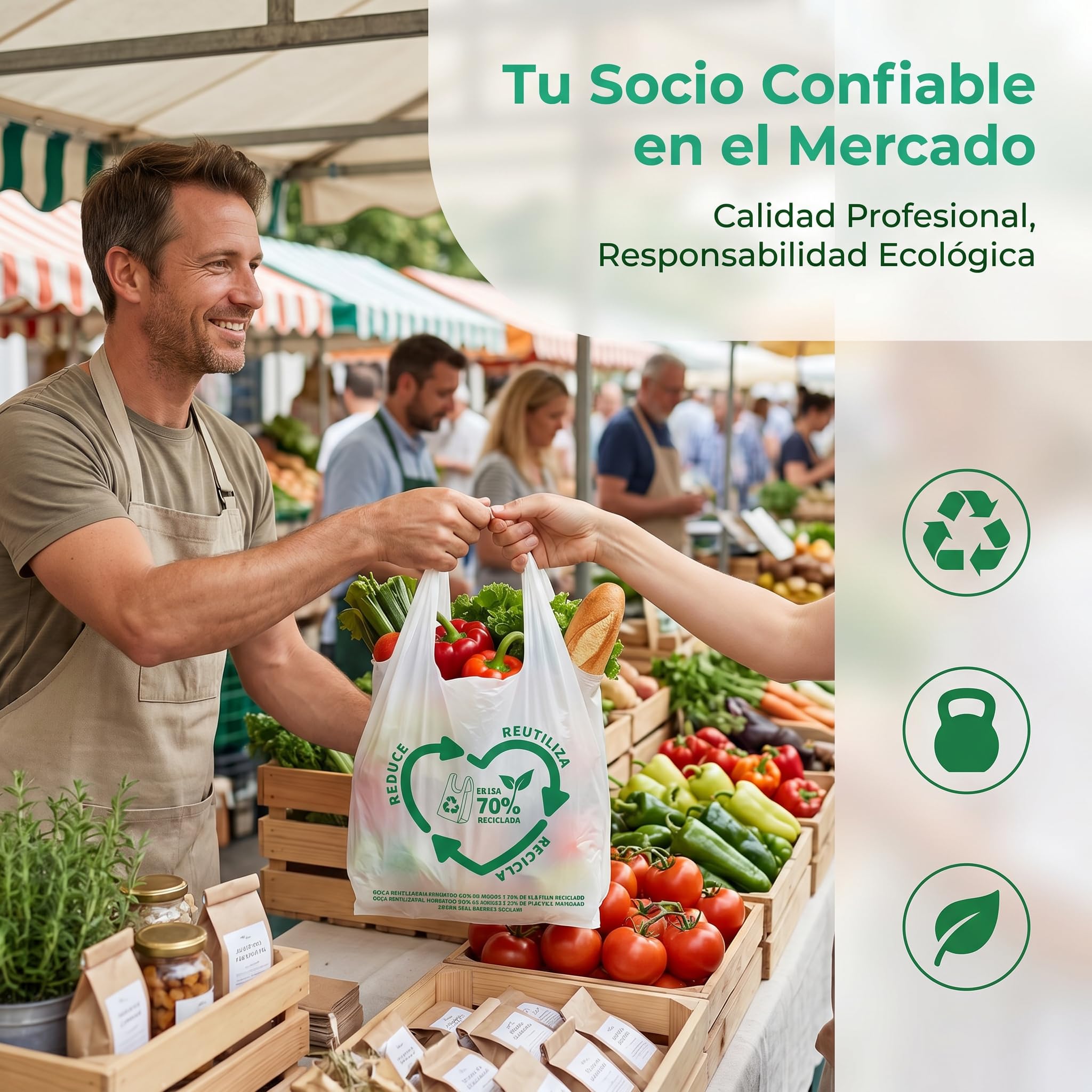 Bolsas de Plástico Asa Camiseta Blanco 50x60 cm 100 Unidades Reutilizables Resistentes 50 Micras 70% Reciclado Aptas Alimentación