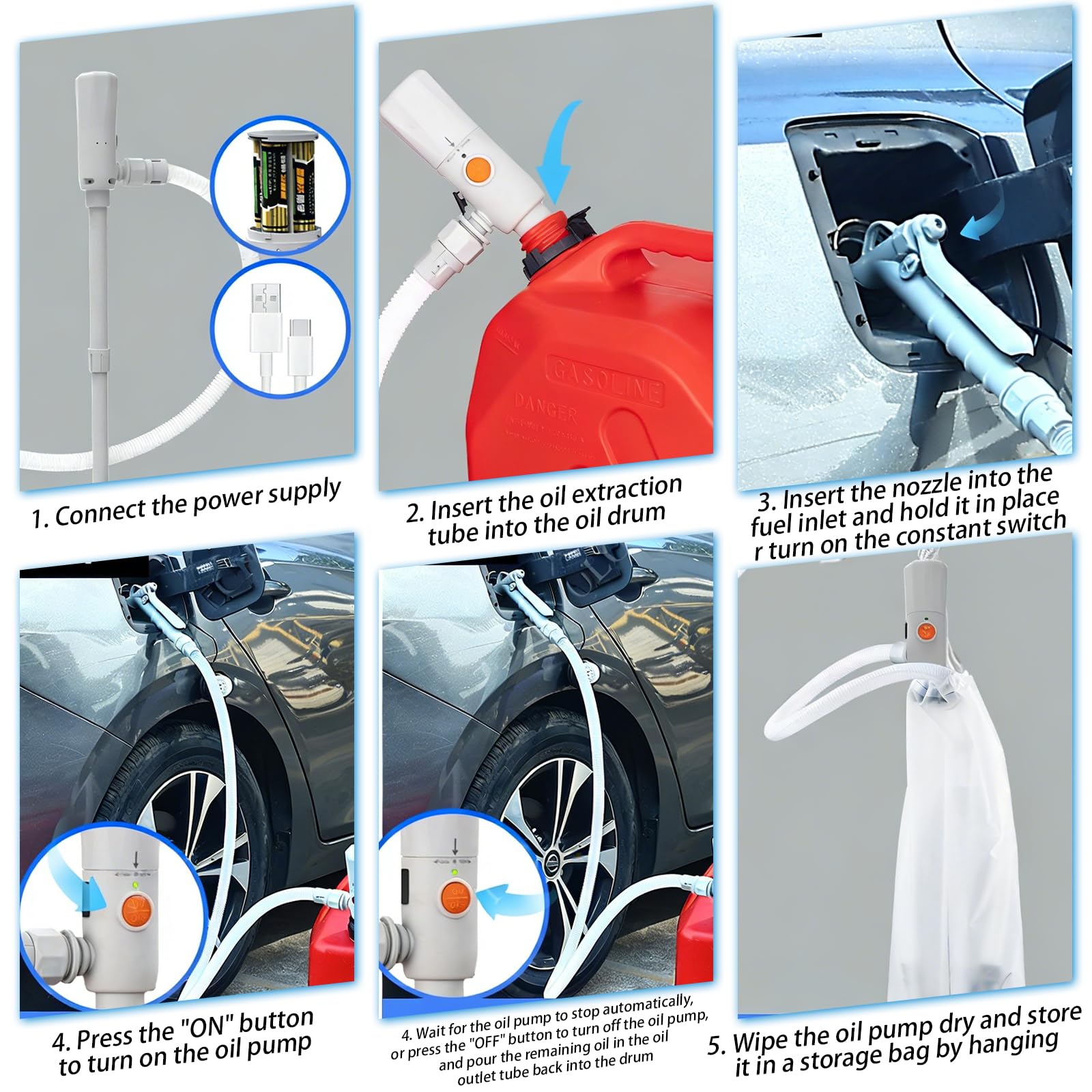 Bomba de transferencia eléctrica – Doble alimentación (USB-C/AA), 2,8 GPM (10,6 L/min), bomba de transferencia de combustible eléctrica con parada automática para gasolina, diésel, bomba de
