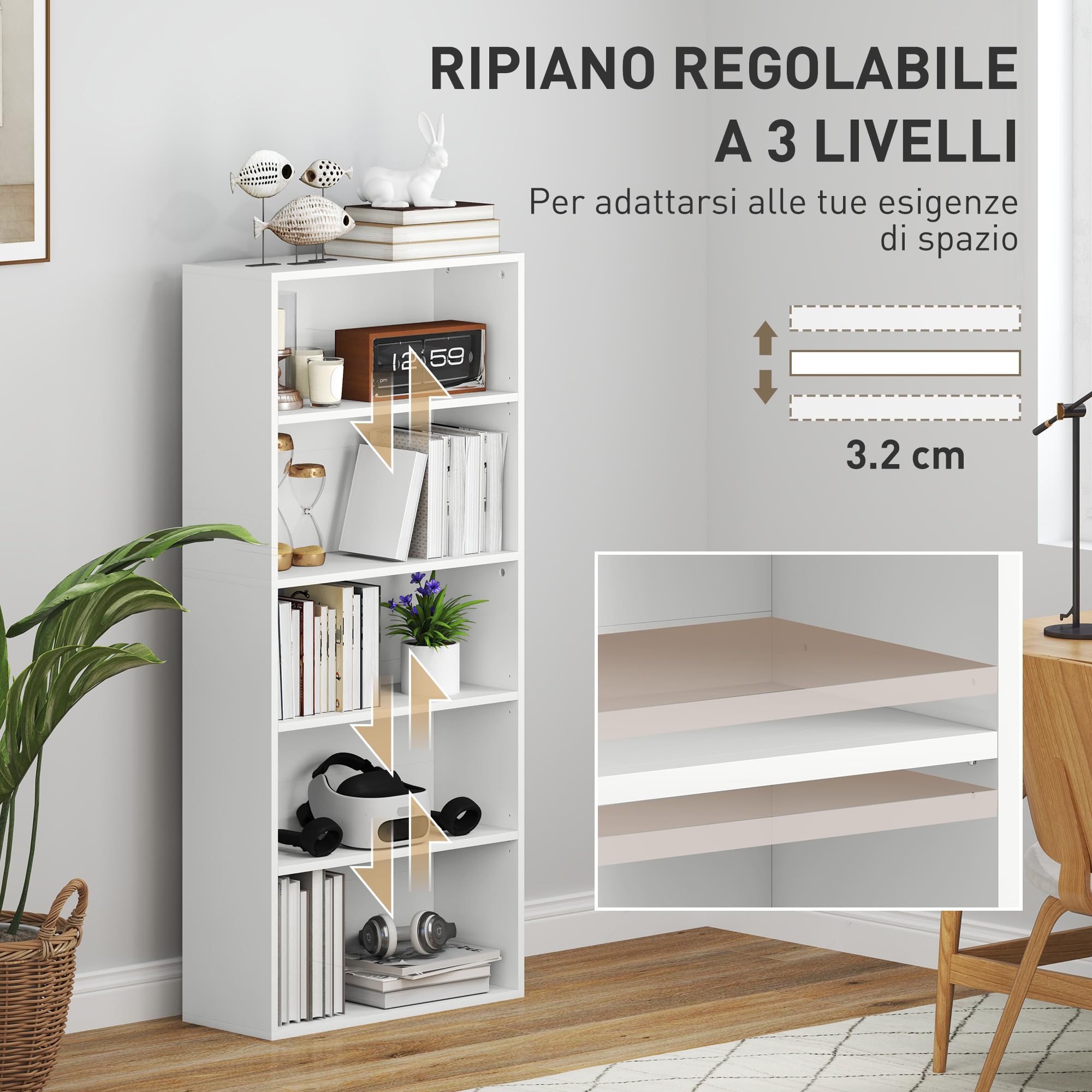 HOMCOM Mobile Libreria a 5 Ripiani con 3 Scaffali Regolabili, Libreria Scaffale Moderna in Legno, 60x24x133.5 cm, Bianco
