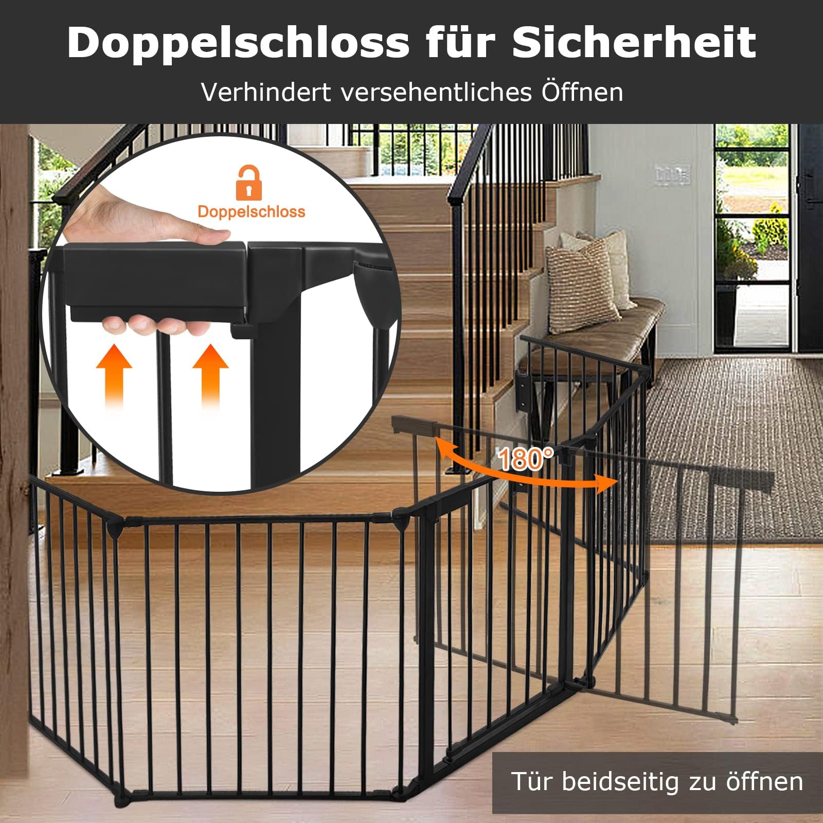 LILIIN Kaminschutzgitter mit Tür, 5 Elemente Absperrgitter Faltbar Ofenschutzgitter Kamin Schutzgitter ohne Bohren, für Kinder-Sicherung, 300 x60 x75cm, Schwarz