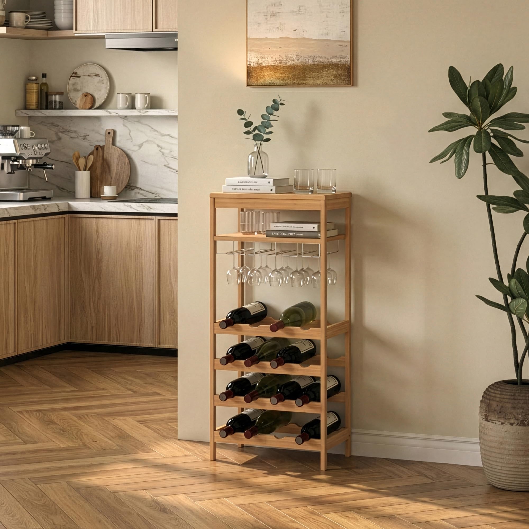 [en.casa] Cantinetta Mobile Portavino per 16 Bottiglie Scaffale Porta Bottiglie da Vino con Portabicchieri e Scomparto Aperto Soggiorno Sala da Pranzo 100 x 47 x 29 cm in Bambù Naturale