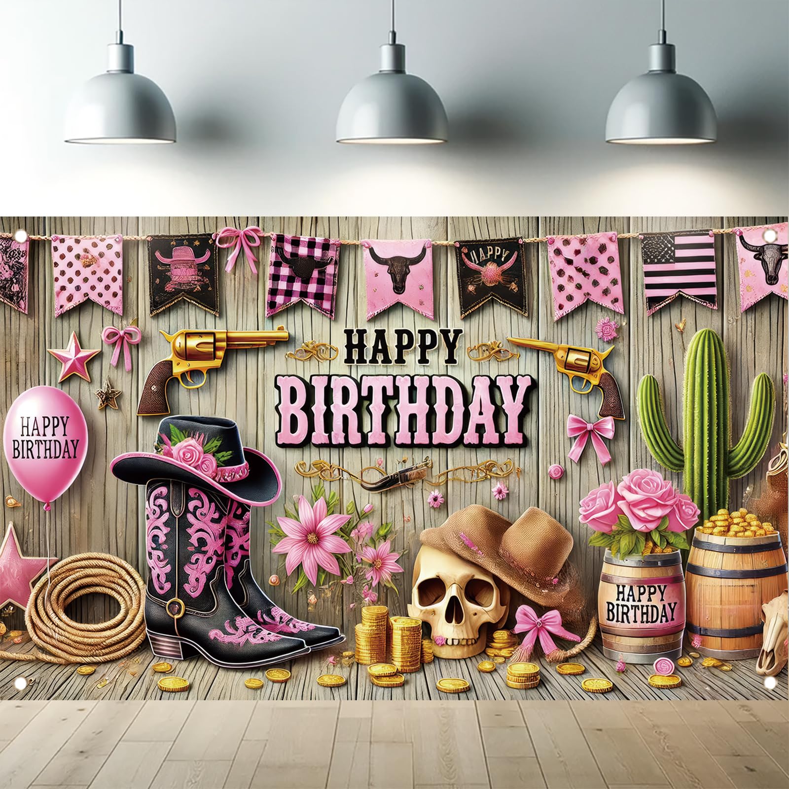 Starlit Patio Western Happy Birthday Banner Backdrop Cowgirl Party Decorations Pink Western Rustic Wooden House Barn Photography Background for