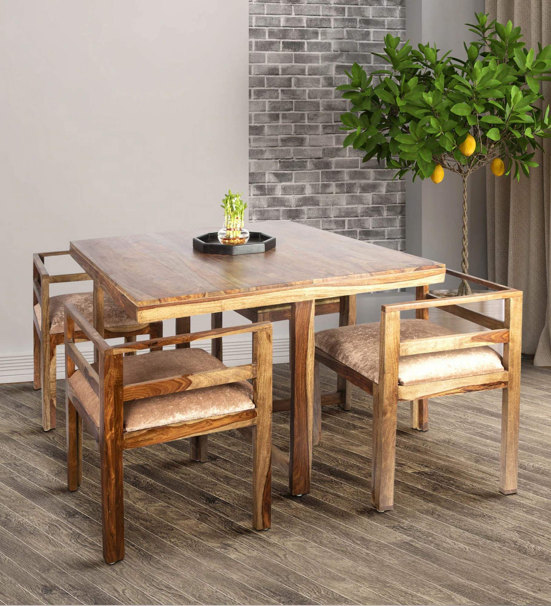 Ikiriya Sheesham Wood Compact 4 Seat Dining Table Set - Cushioned Chairs - (Teak Finish ; Ivory Velvet)