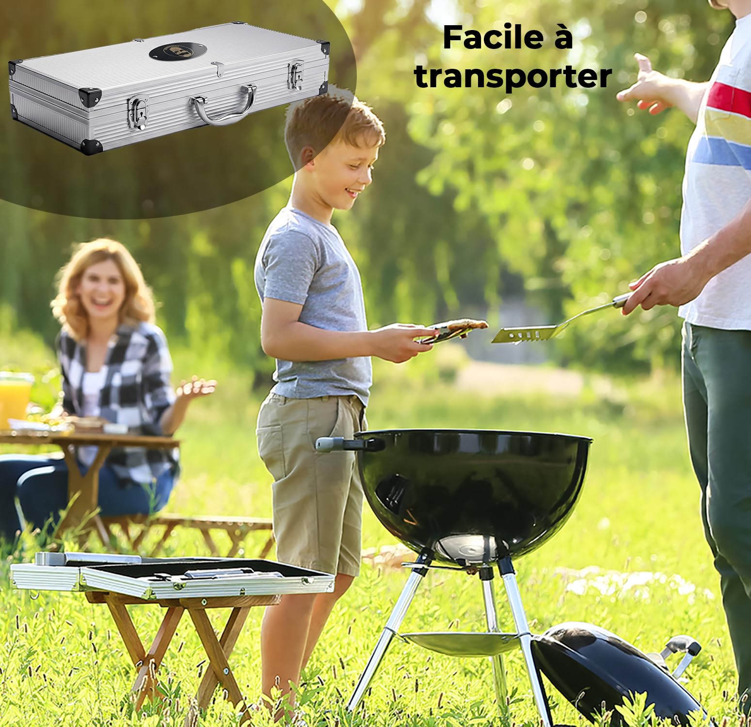 Little Balance 3081 Baroud'Fire, Kit Barbecue 4 utensili: Pinza, Forchetta, Spatola, Spazzola, per il giardino, in campeggio, escursionismo, vacanze. Set barbecue con valigetta portatile, tutto INOX