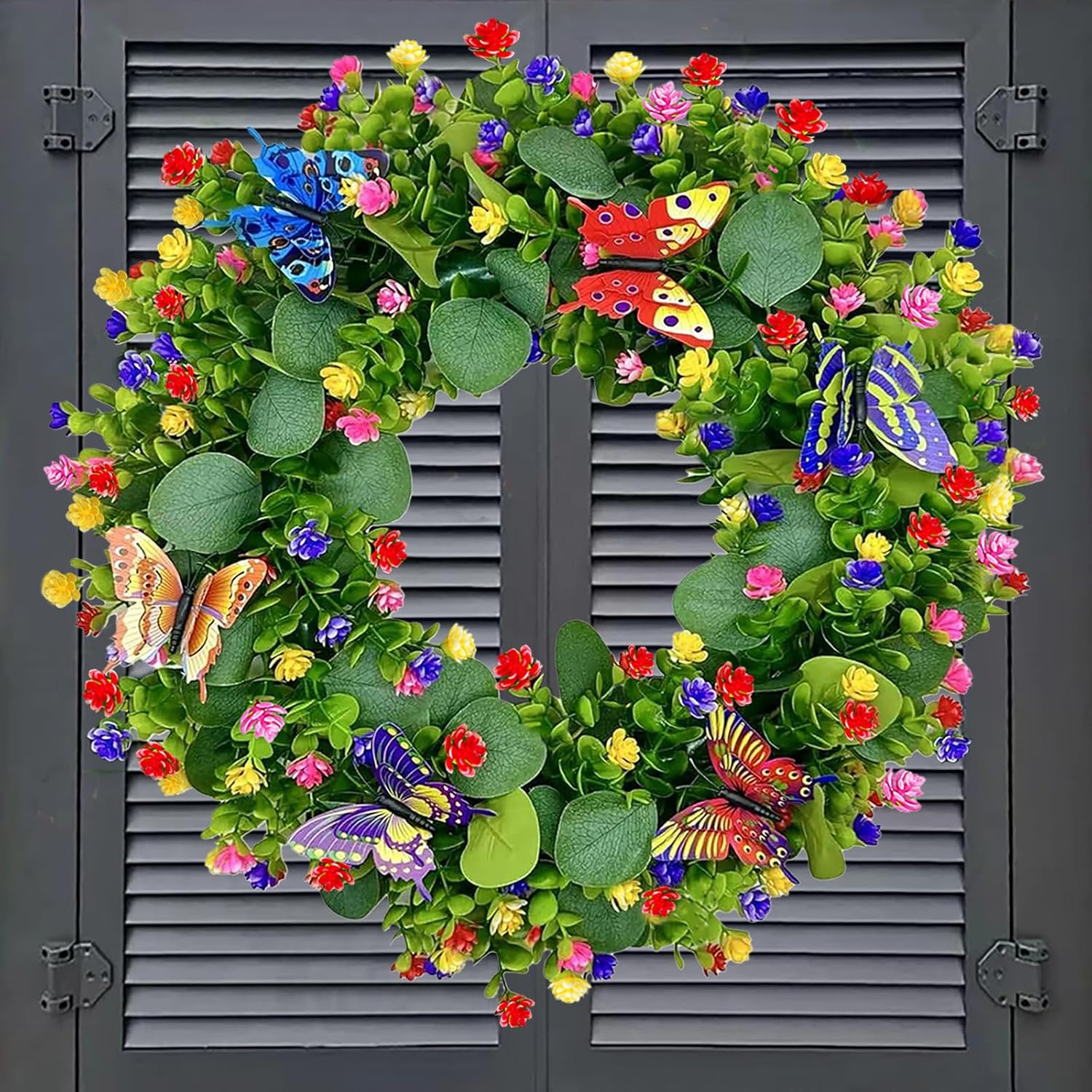 Spring Summer Wreaths for Front Door Outside,20 Inch Eucalyptus Wreath with Colorful Flowers and 5 Colorful Butterflies,Ideal for Porch,Mantel,Home Wall Decor