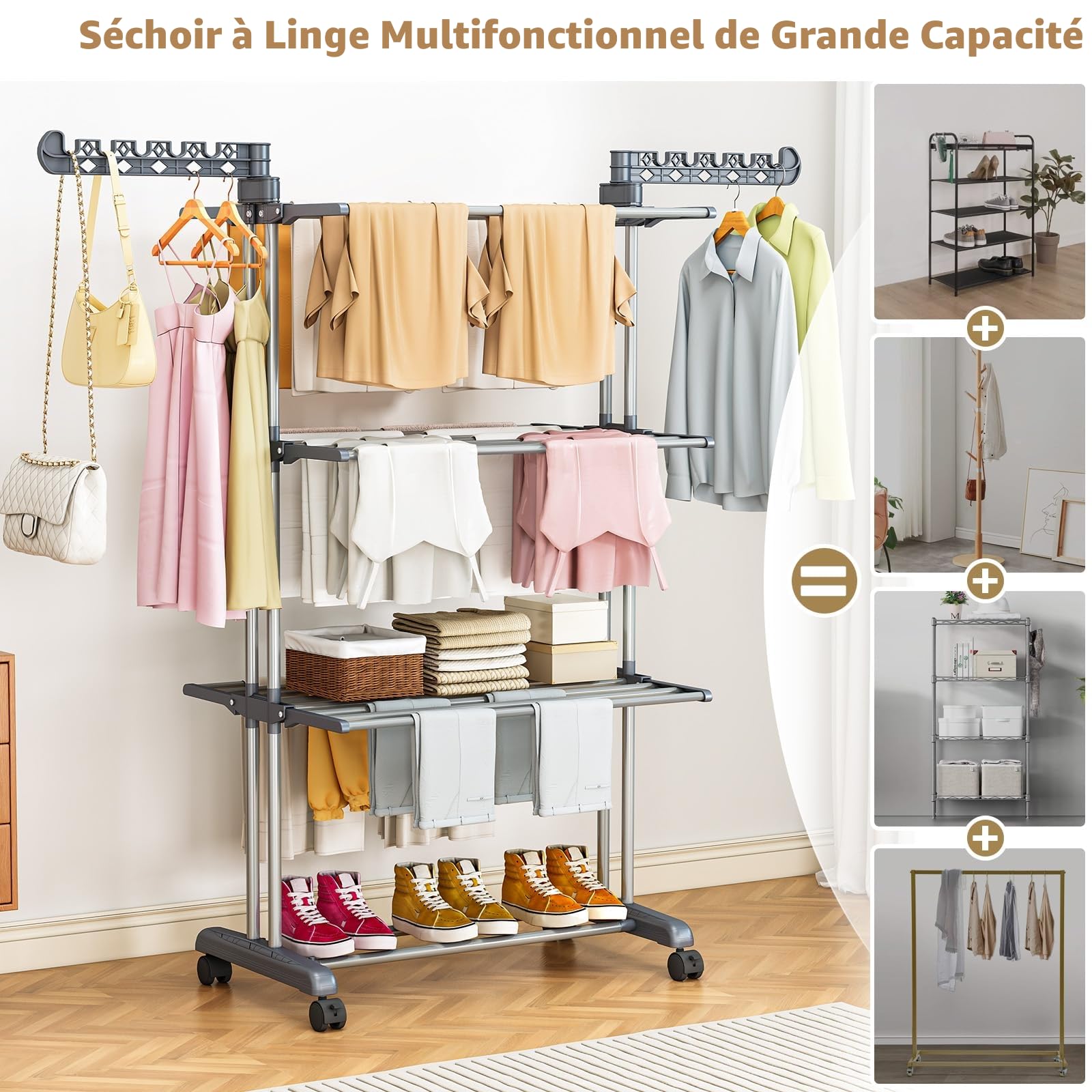 PurKeep Étendoir à Linge 4 Niveaux - Séchoir à Linge Pliable avec roulettes, Étendoir Linge Intérieur/Extérieur en Acier Inoxydable, Grand Séchoir à Linge pour Buanderie, Balcon, Gris et Noir