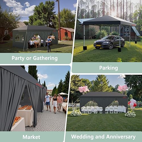 Miniatura 4 de Tienda de campaña para exteriores de 10 x 20 pies para fiestas, toldo desplegable resistente con paredes laterales extraíbles, color gris