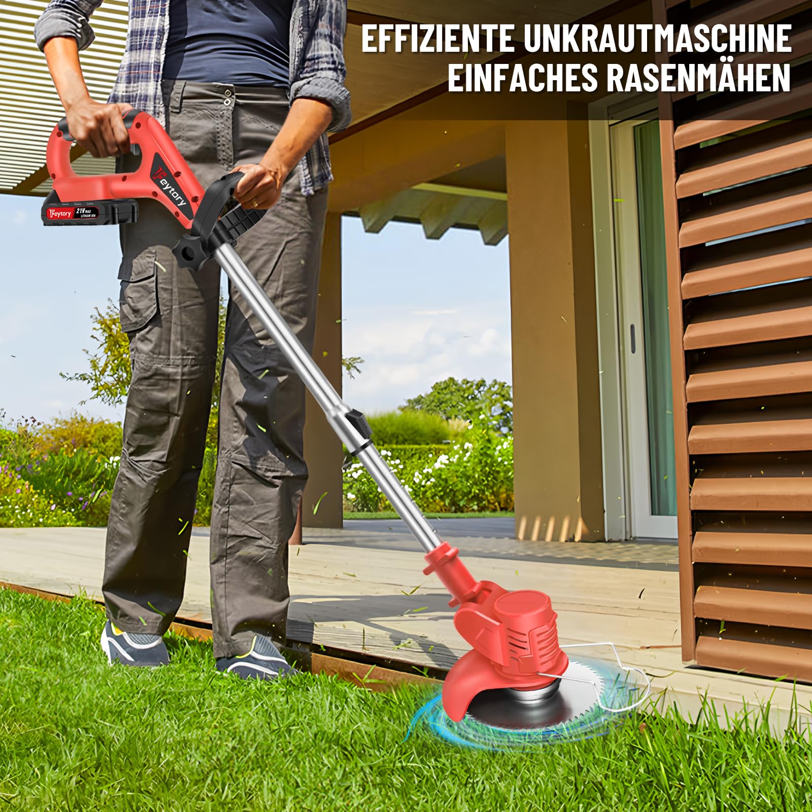 Desbrozadora de césped con batería, 21 V, ángulo de cabeza ajustable, batería recargable de 1500 mAh, mango ajustable de 84 a 120 cm, desbrozadora eléctrica para césped, jardín, poda, color rojo