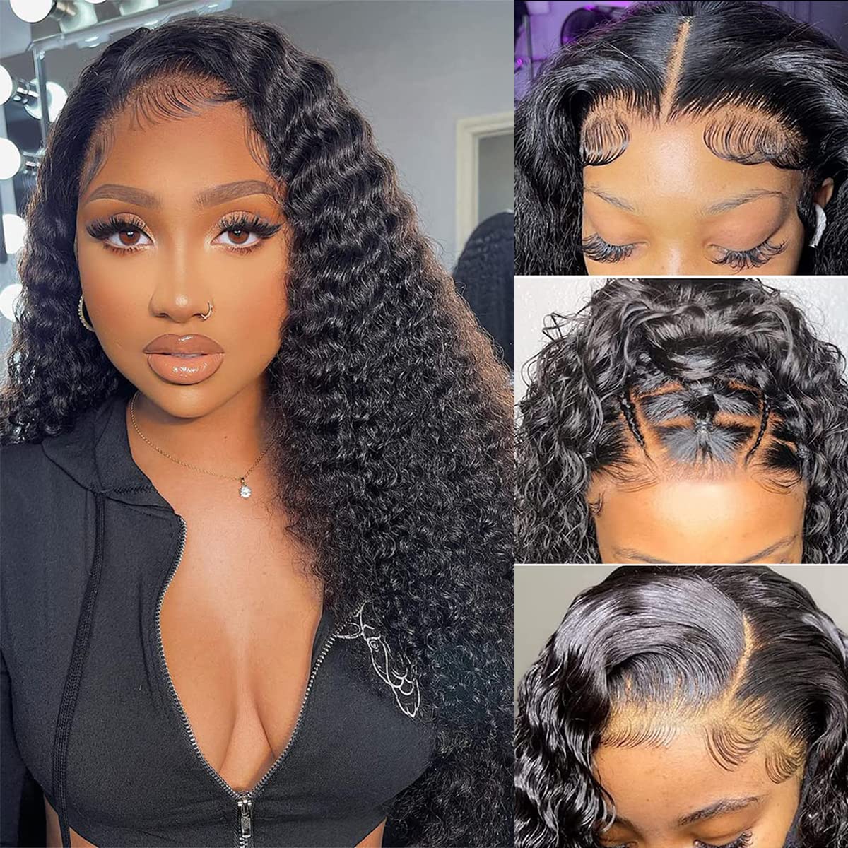 32 Inch Deep Wave Lace Front Wigs Human Hair Curly Wigs for Black Women 150% Density 13X4 Deep Wave Lace Frontal Wet and Wavy Wigs Human Hair Pre Plucked with Baby Hair Natural Hairline Natural Color