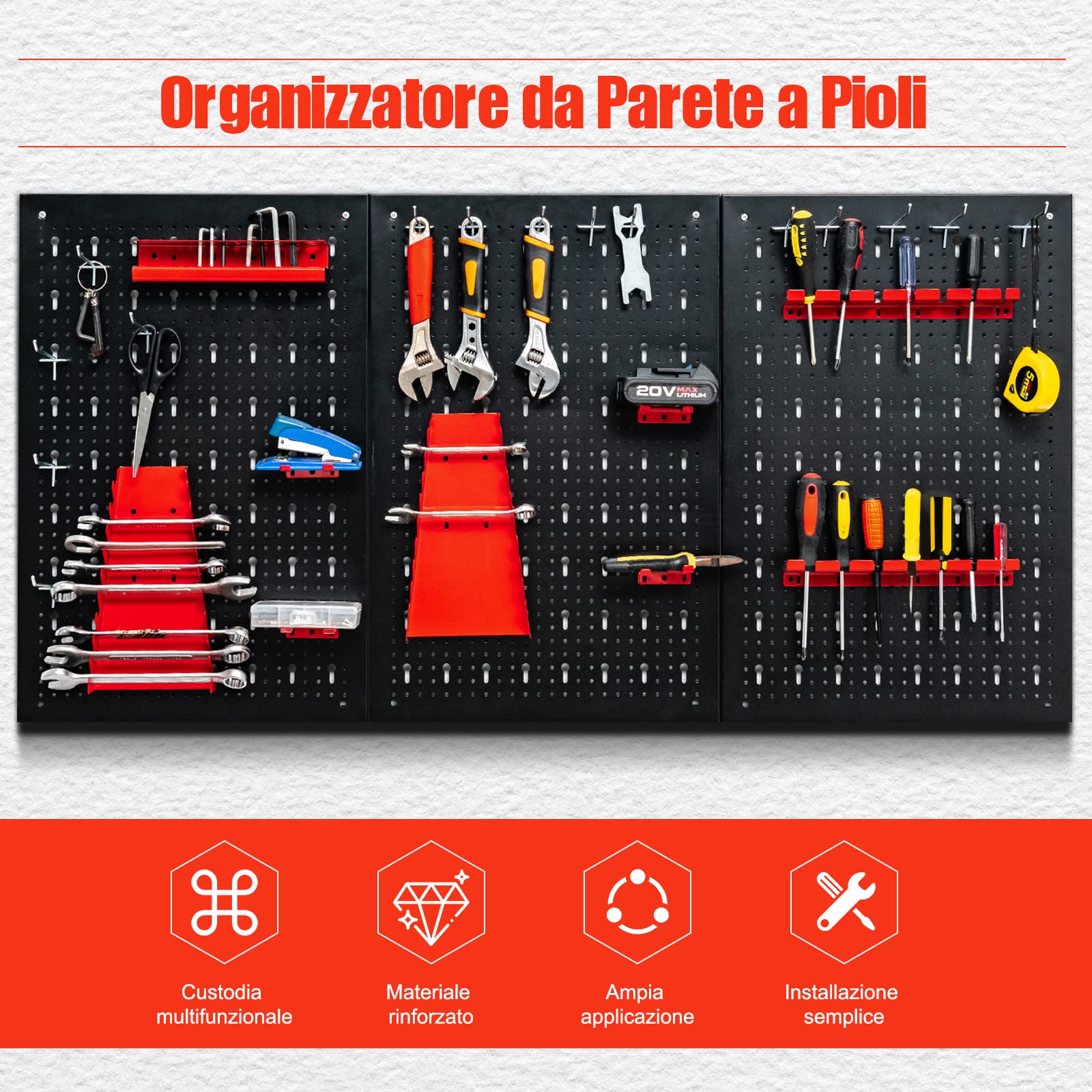 COSTWAY Pannello Forato Portautensili Parete per Attrezzi, Kit per Conservazione degli Attrezzi con 3 Pannelli Forati 25 Accessori, Ideale per Officina e Garage,120 x 60 x 2,5 cm