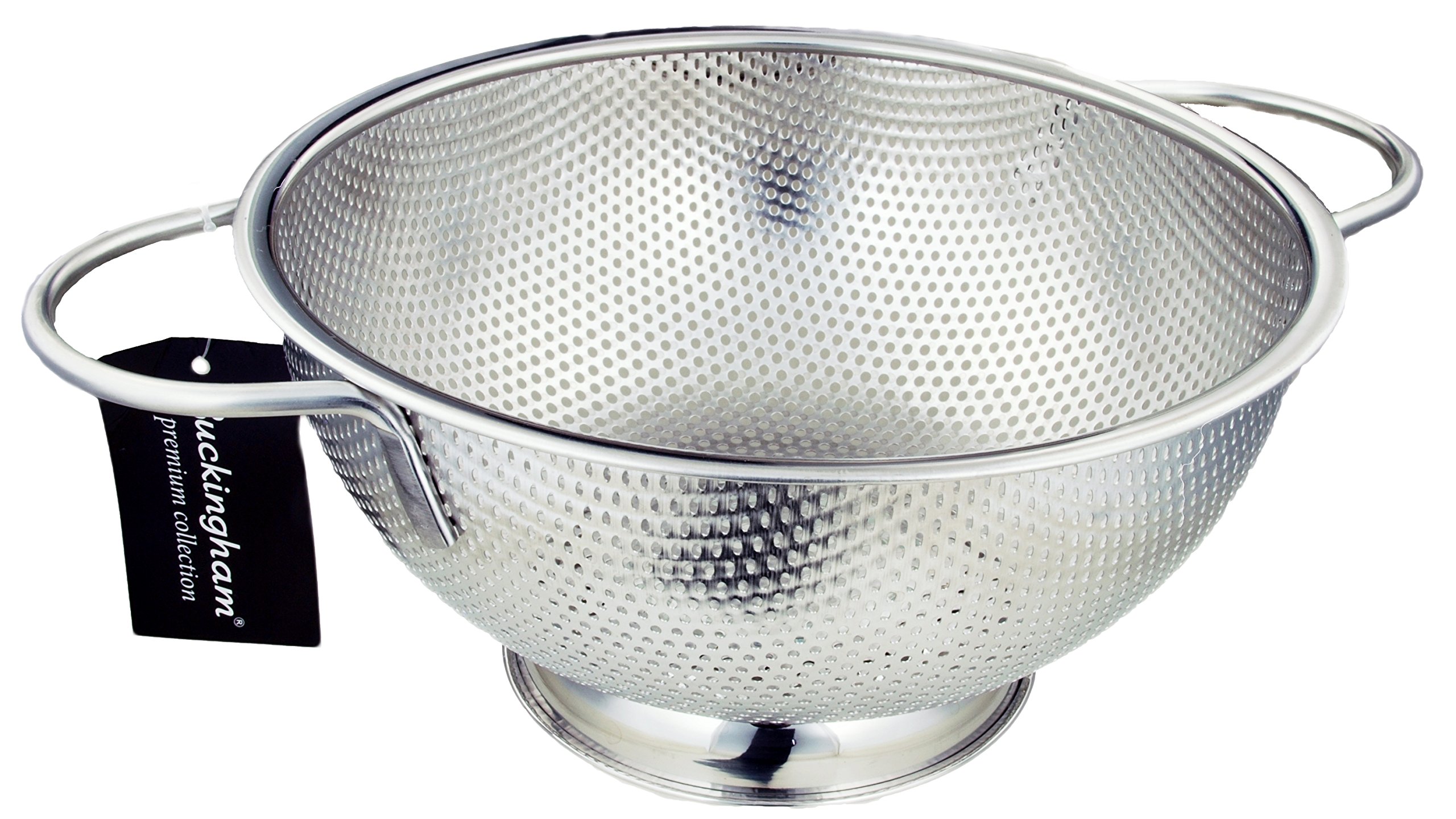 Buckingham Micro-Perforated Colander 18/8 Stainless Steel Deep Bowl with Footed Base Fine Mesh Food Strainer for Pasta Spaghetti Noodles Vegetables & Fruits (25.5 cm)
