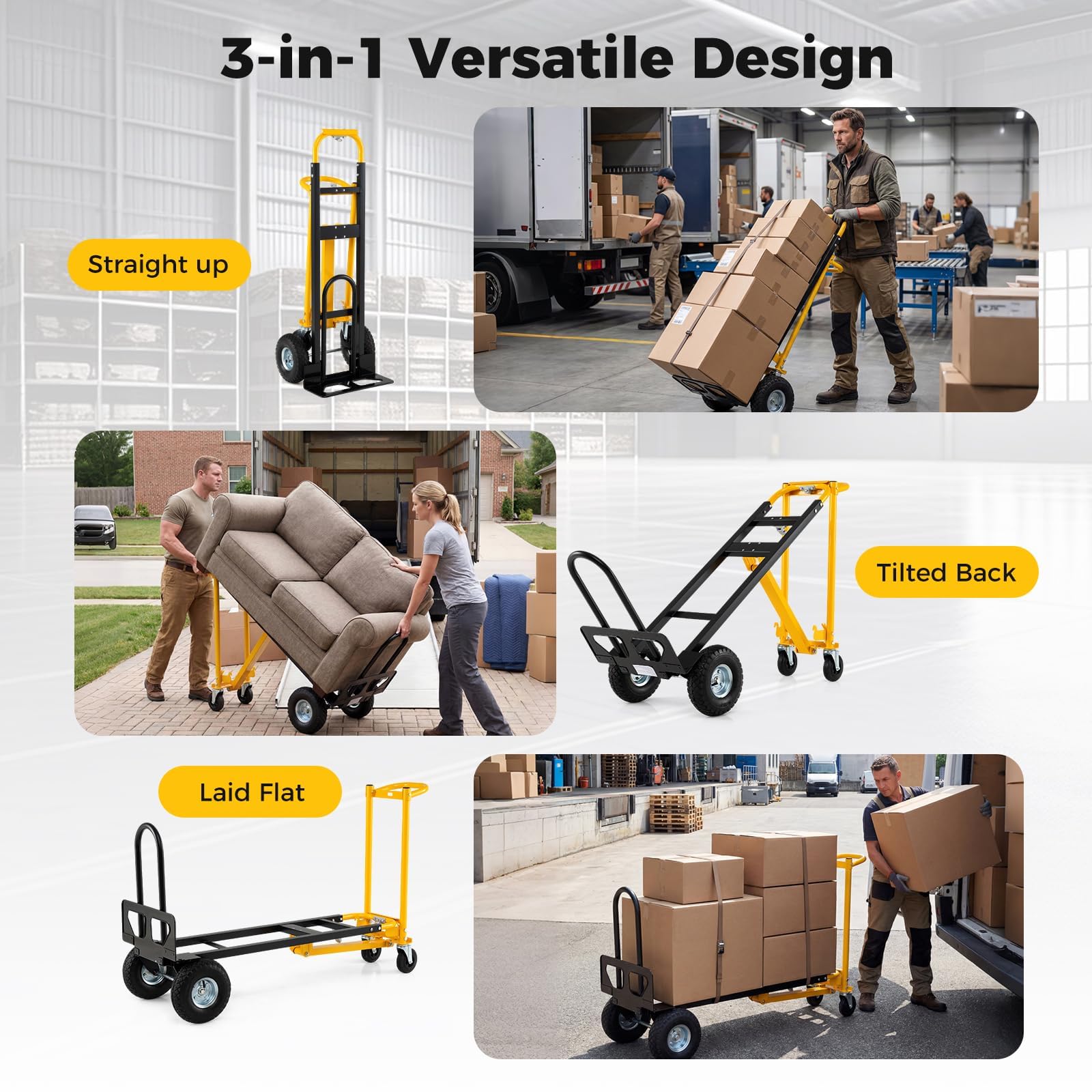 FANTASK 3-in-1 Sackkarre klappbar, Transportwagen Metall mit Luftbereifung & Gummirädern, Transportkarre max. 250KG & Plattformwagen max. 350KG, Lieferantenkarren für Zuhause, Büro & Lager