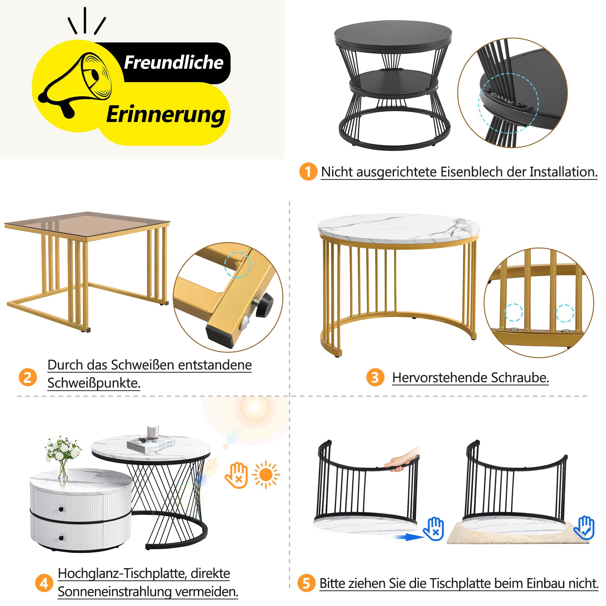 Merax Rund Couchtisch Set, 2-in-1 Beistelltisch Satztisch 2er Modern Elegant Wohnzimmertisch mit Stauraum, Nesting-Kombination, mit hochglänzender Marmoroptik/2 Schubladen, für Wohnzimmer Büro(Weiß