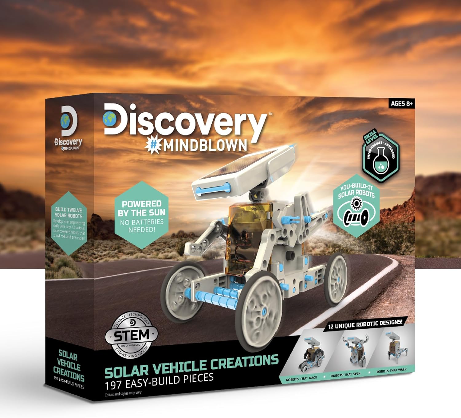 The product box for Discovery #Mindblown Solar Vehicle Creations, showing the kit contents and various robot designs.