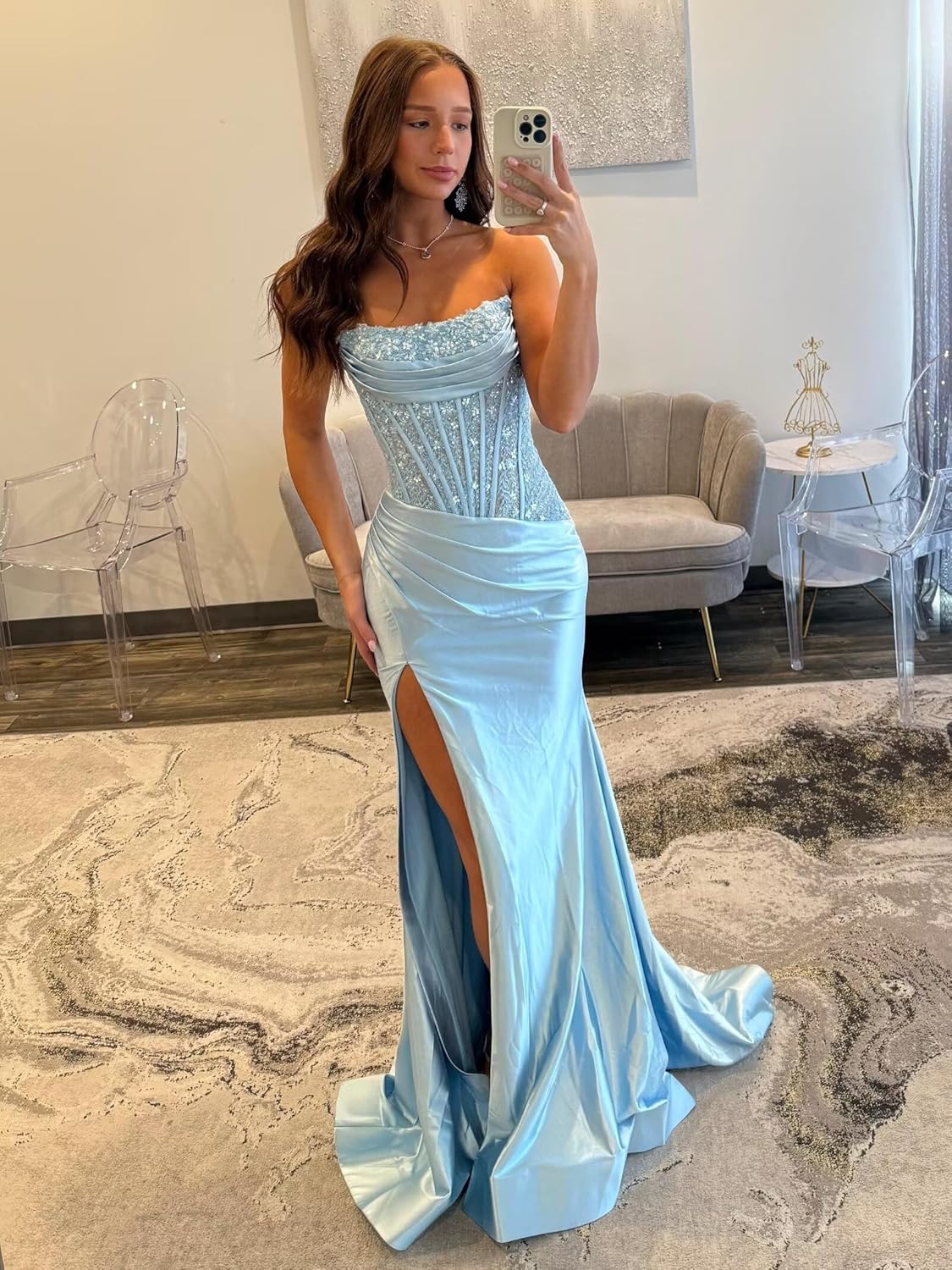 Maxianever Mermaid Corset Prom Dresses 2026 Long Strapless Satin Formal Cocktail Gowns with Slit - Image 5