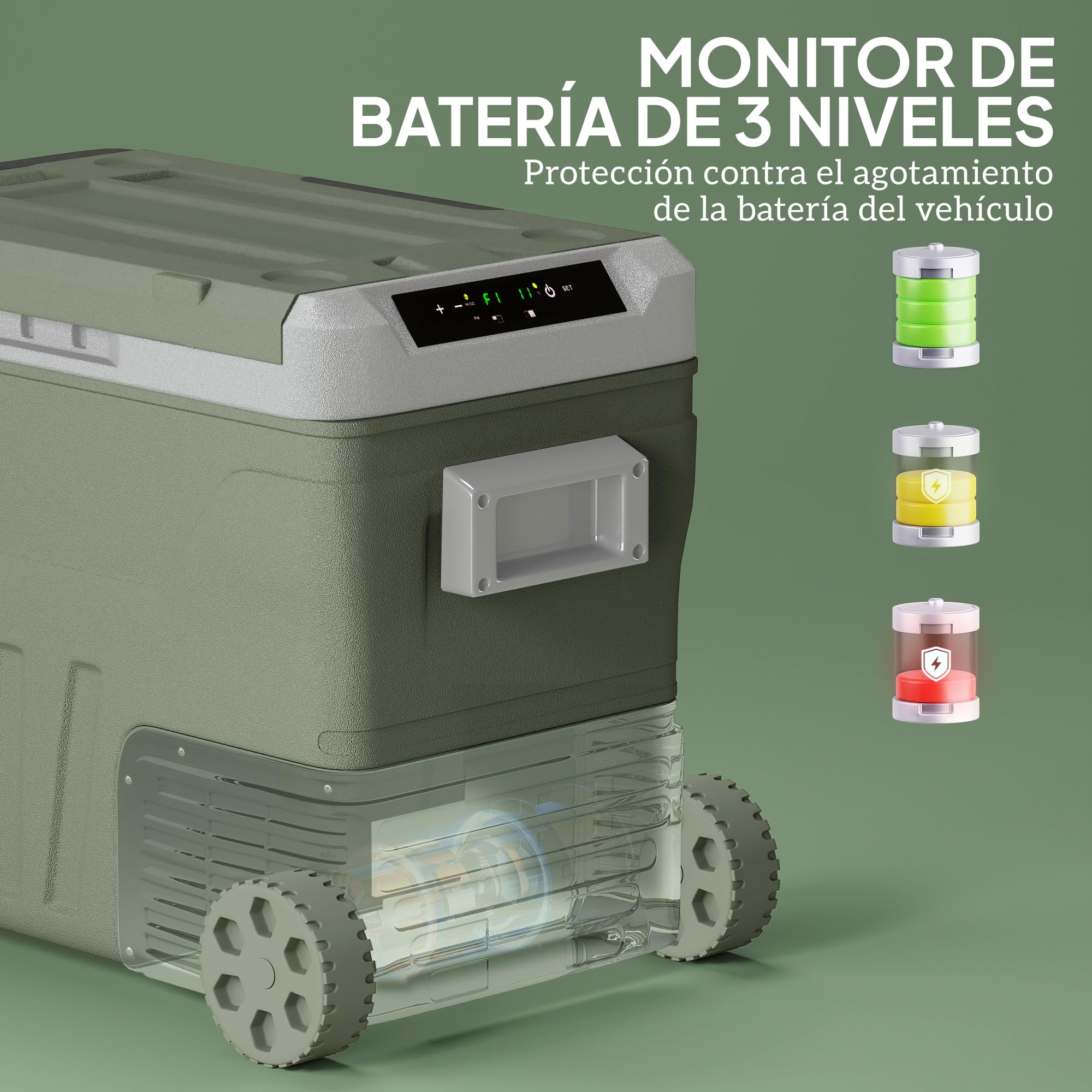 Outsunny Nevera Portátil Eléctrica 45L 12V/24V 64,5x43,5x53 cm Verde | Refrigerador de Coche, -20℃ a +20℃, Mini Frigorífico, con Ruedas, Compresor, Pantalla LED Táctil, para Camping Viajes