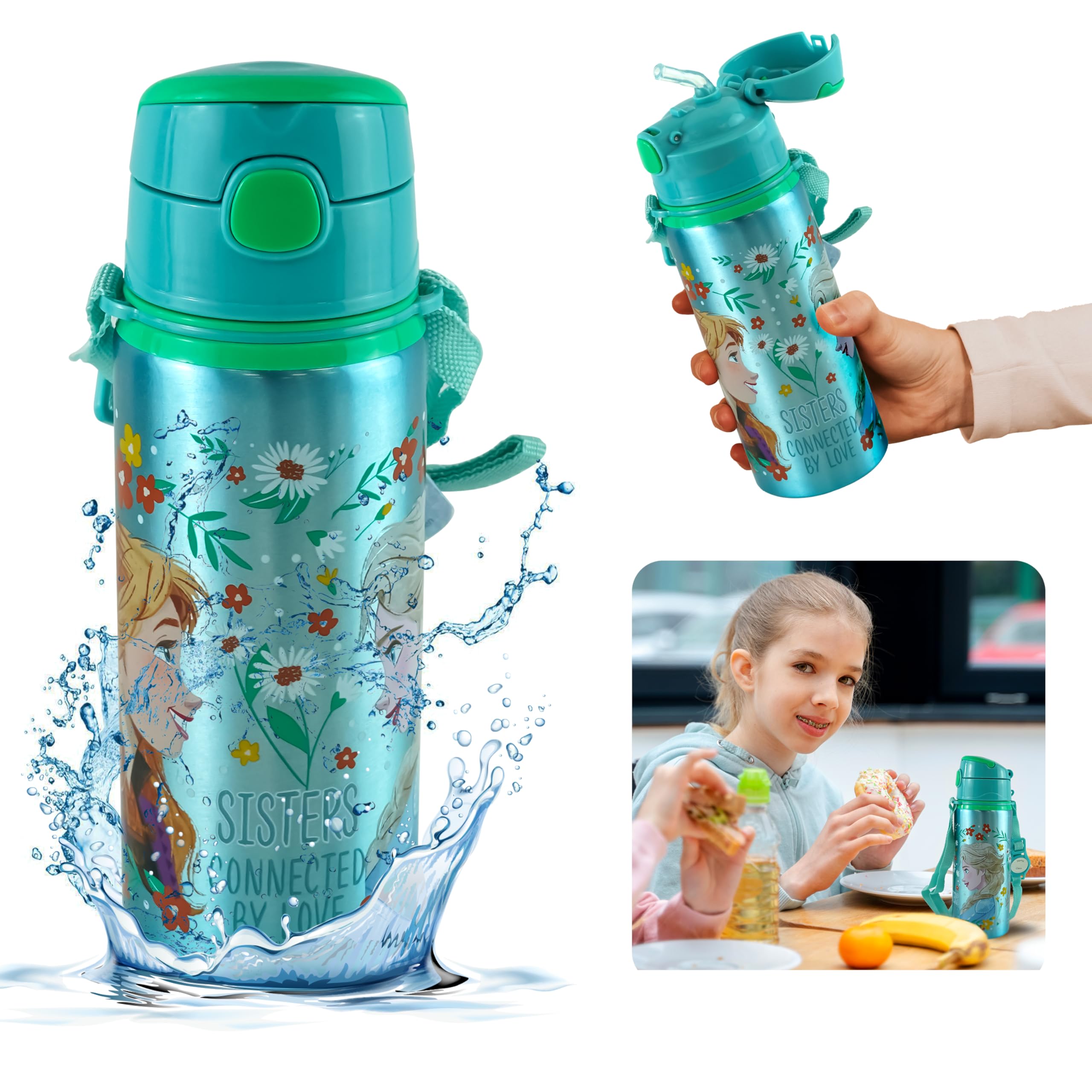 HOVUK Frozen Sports Water Bottle 600ml - Girls Aluminium Canteen Bottle, Reusable Thermal Insulated Bottle BPA Free, Kids Girls Back to School, Picnic and Summer Xmas Gift 3+years