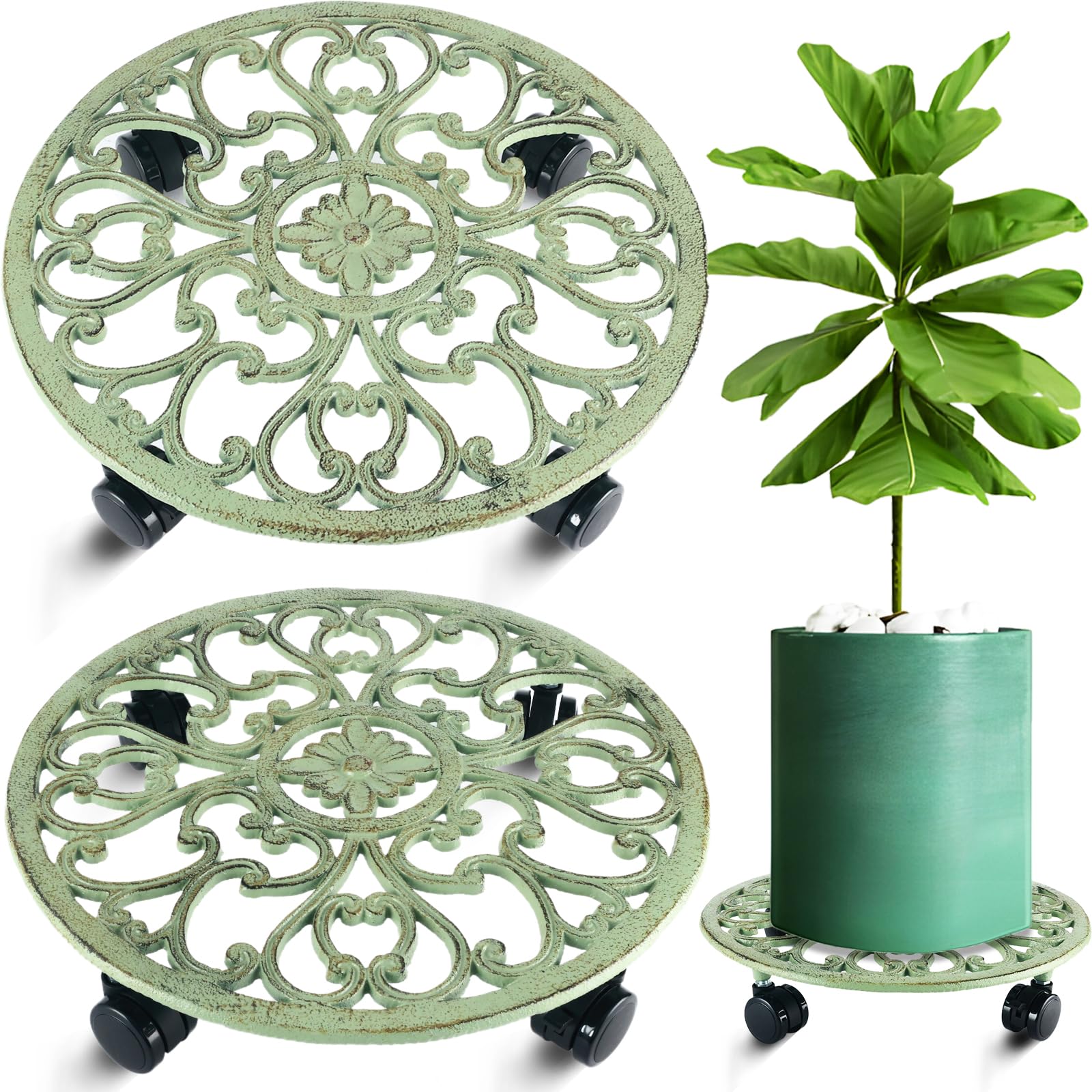 Photo 1 of 2 Packs 14 Inch Rolling Plant Stand with Wheels Metal Plant Caddy with Wheels Heavy Duty Round Plant Stand Indoor Iron Plants Rollers for Plants, Plant Dolly Retro Green