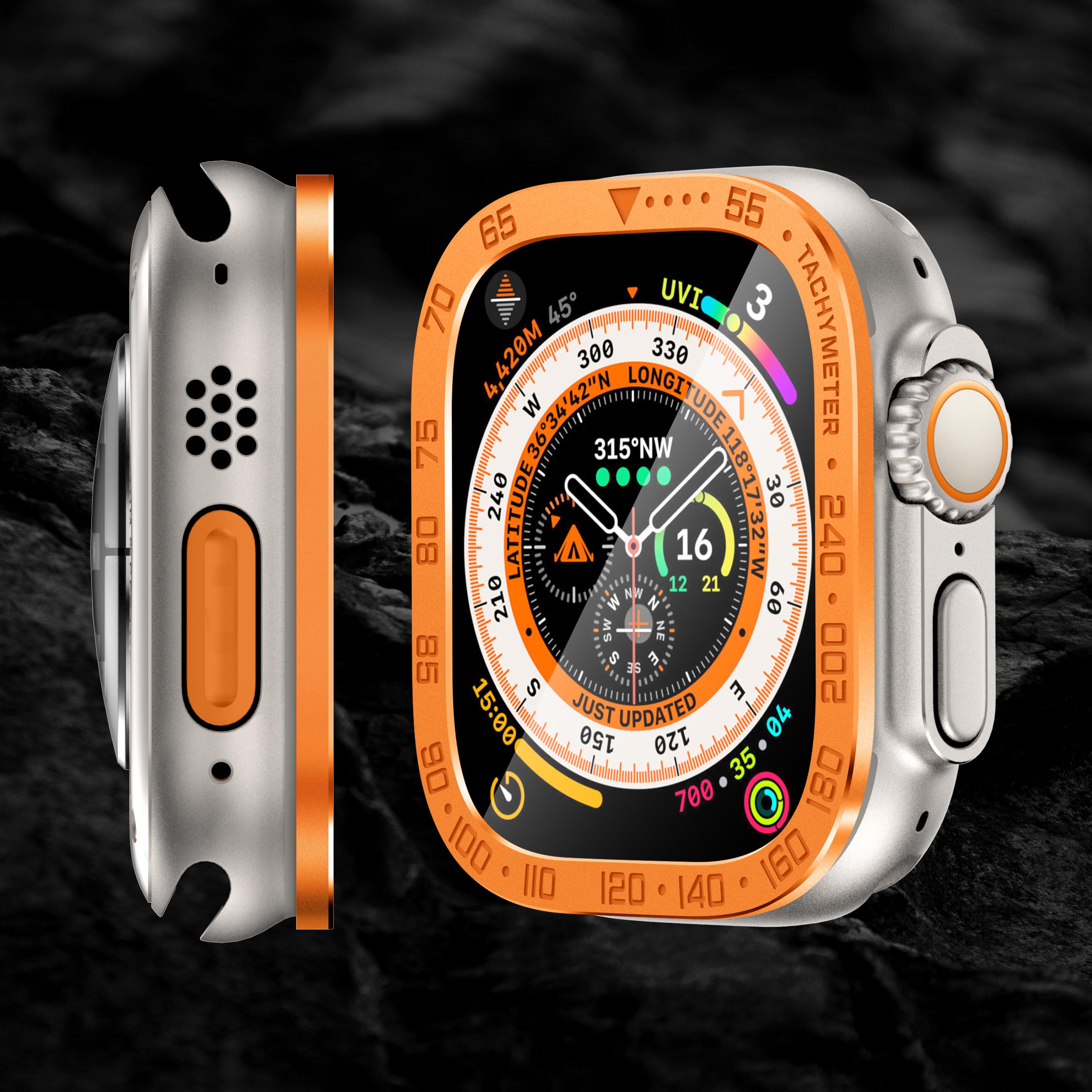 SWUU 2 Pack Panzerglas Schutzfolie mit Rahmen aus Titanlegierung, kompatibel mit Apple Watch Ultra 3 / Ultra 2 / Ultra Displayschutzfolie 49 mm, wasserdichte HD-Folie für iWatch Ultra S3, Orange