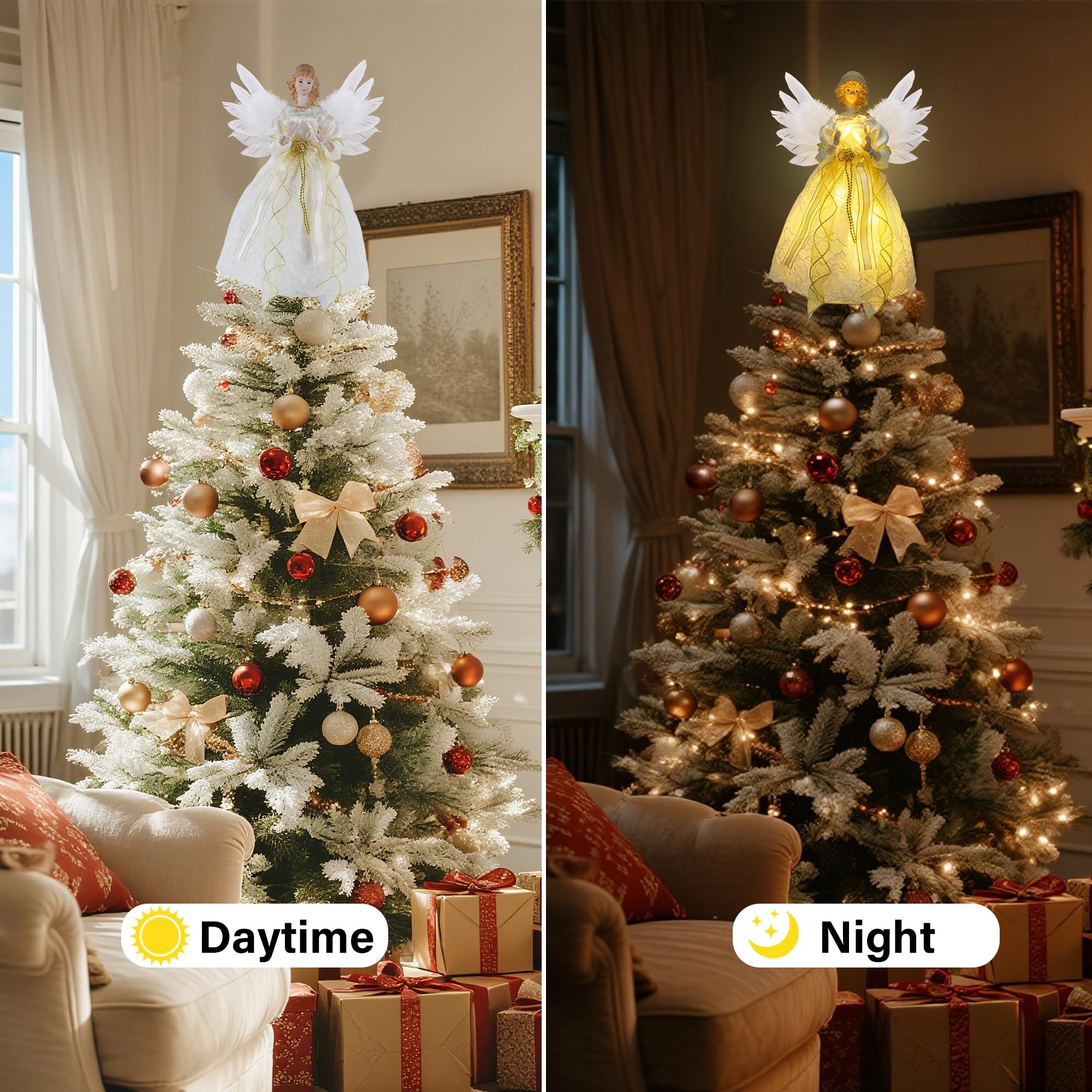 YOFIT Decoración para árbol de Navidad de ángel iluminado de 12 pulgadas, funciona con pilas con luces LED blancas cálidas, adornos de ángel para decoración de árbol de Navidad, decoración navideña