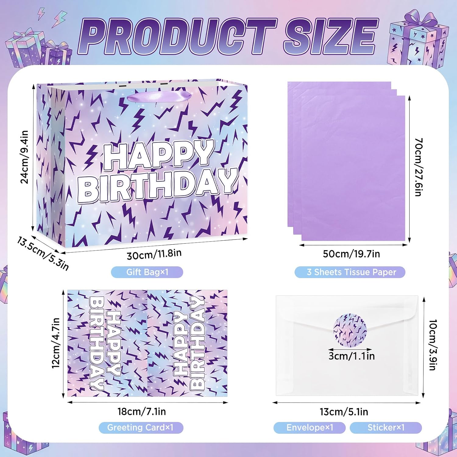 Joviwrap Kpop Happy Birthday Gift Bag with Tissue Paper, Card, Envelope, Sticker, Purple Lightning Gradient Wrapping Bag, Cool Stylish Gift Bag for Birthday Party, Teens, 11.8"×9.4"×5.3" image 2