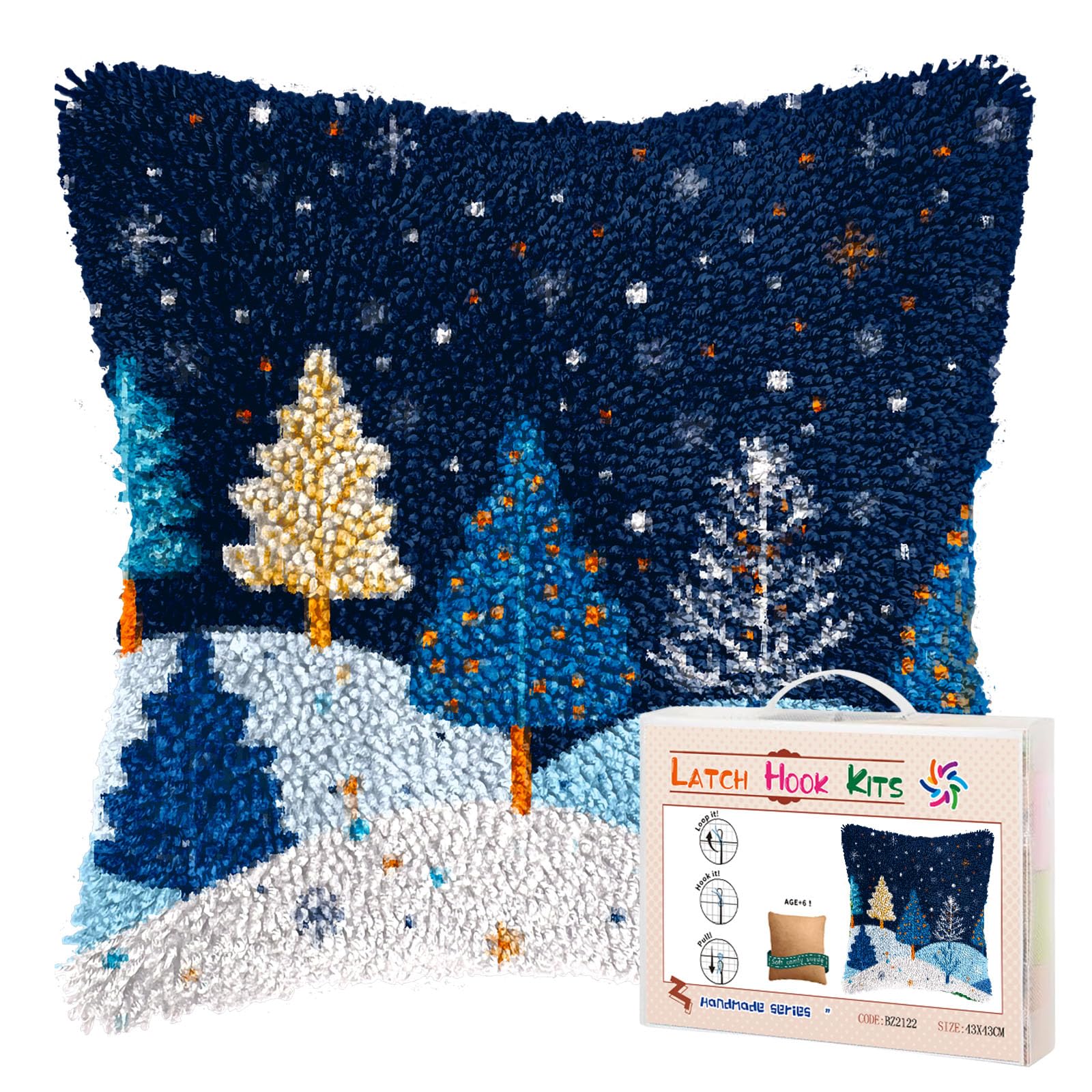 DIY Latch Hook Pillow Kits for Adults Merry Christmas Winter Snow Pine Tree Pillow Cover Printed Pillowcase Crochet Yarns Hooking Handmade Cushion for Home Sofa Decoration 17x17inch(5)