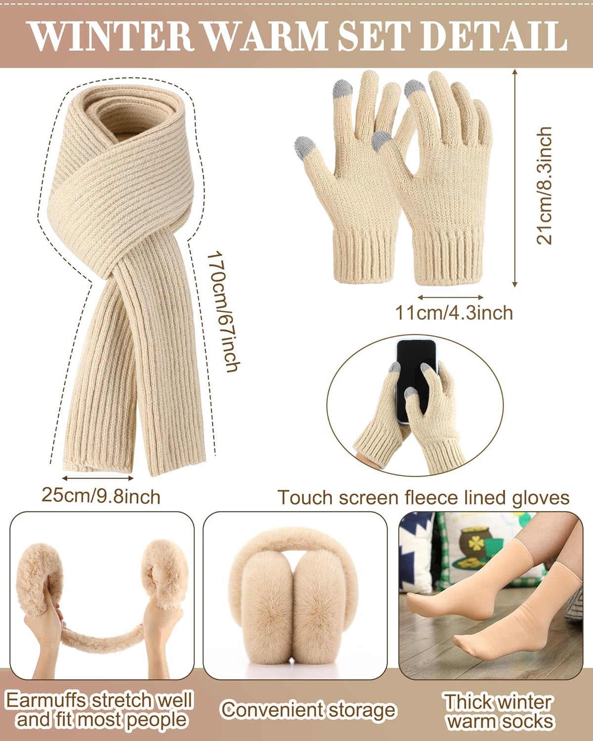 Geyoga 6 Pcs Winter Warm Fleece Knit Hat Long Scarf Touchscreen Gloves Ear Muffs Socks Sets, Winter Warm Gifts for Women
