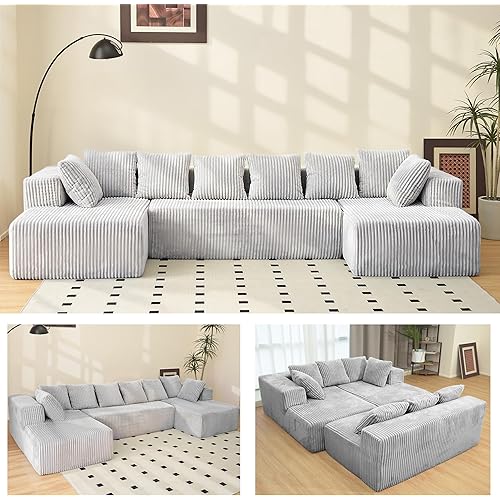 130 Inch U-Shaped Convertible Sectional Sleeper Sofa, 6-Seat Modular Sectional Sofa with 8 Pillows, Cloud Couch Feel with Memory Foam, Comfy Modular Sofas Couches for Living Room, Grey